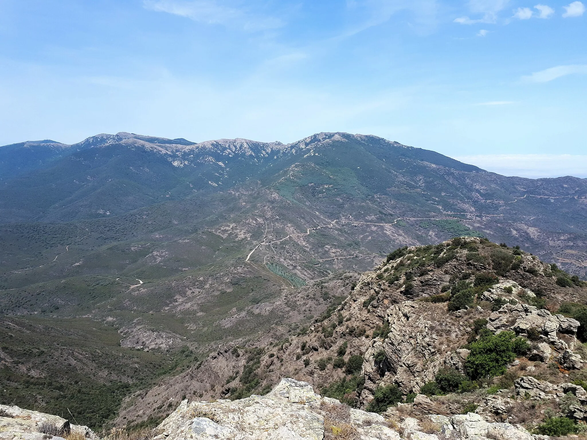 Photo showing: The col lies at an altitude of 355 metres in the Albères massif at the eastern end of the Pyrenees mountain chain. The frontier between Spain (Catalonia, to the left) and France (to the right) runs from the Puig de la Calma (718 metres) down to the col, then up to Puig Sallfort (981 metres).
Almost the whole area in the image is underlain by Cambrian and pre-Cambrian metasediments, principally schist. Hercynian granite outcrops along the crest of the Albères, which runs westwards (to the left) from Puig de Sallfort.
The Col de Banyuls lies along a fault line which traverses this part of the Albères in a NW-SE direction. See:

B. Laumonier et al., "Notice explicative de la feuille Argelès-sur-Mer - Cerbère (1097) à 1/50 000", BRGM Éditions, Orléans, 2015 (page 80), online at: http://ficheinfoterre.brgm.fr/Notices/1097N.pdf.