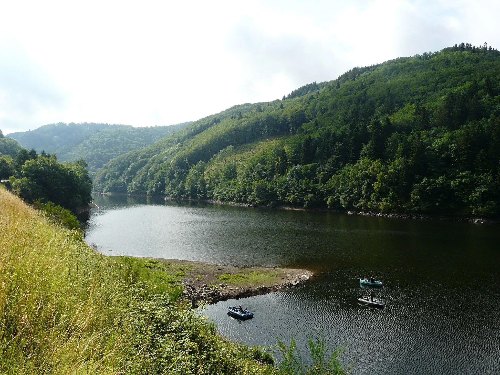 Photo showing: Le lac de Bort-les-Orgues vu depuis le pont d'Arpiat ; au premier plan la Dordogne (commune de Confolent-Port-Dieu, Corrèze, Limousin) ; au second plan, après les bateaux, la vallée de la Burande entre les communes de Singles (à gauche) et Larodde (à droite) dans le Puy-de-Dôme (Auvergne).