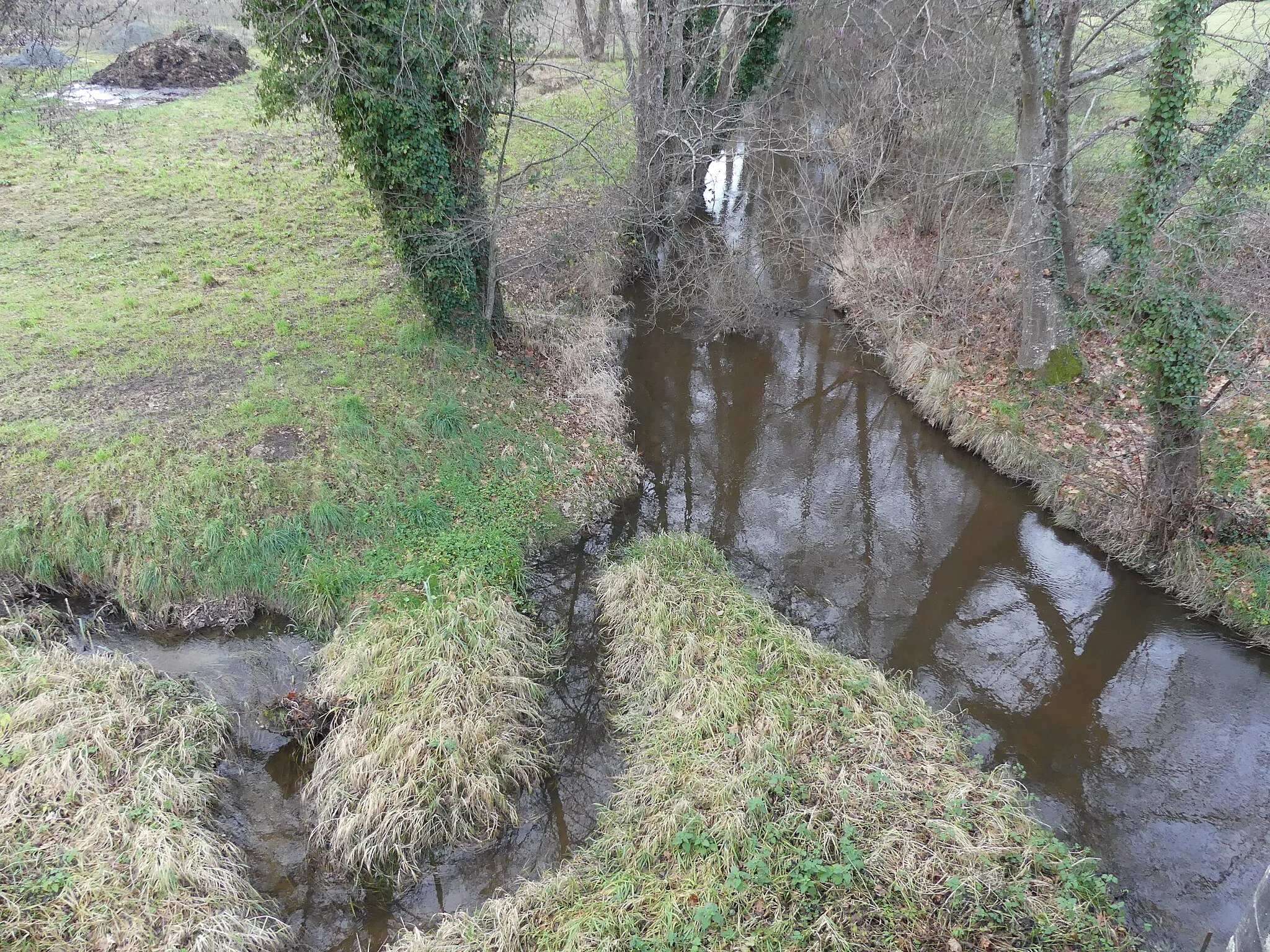 Photo showing: La Dronne au pont de la route nationale 21, en limite de Firbeix (Dordogne à gauche) et Bussière-Galant (Haute-Vienne) ; France. Elle reçoit sur sa gauche un petit affluent. Vue prise en direction de l'aval.