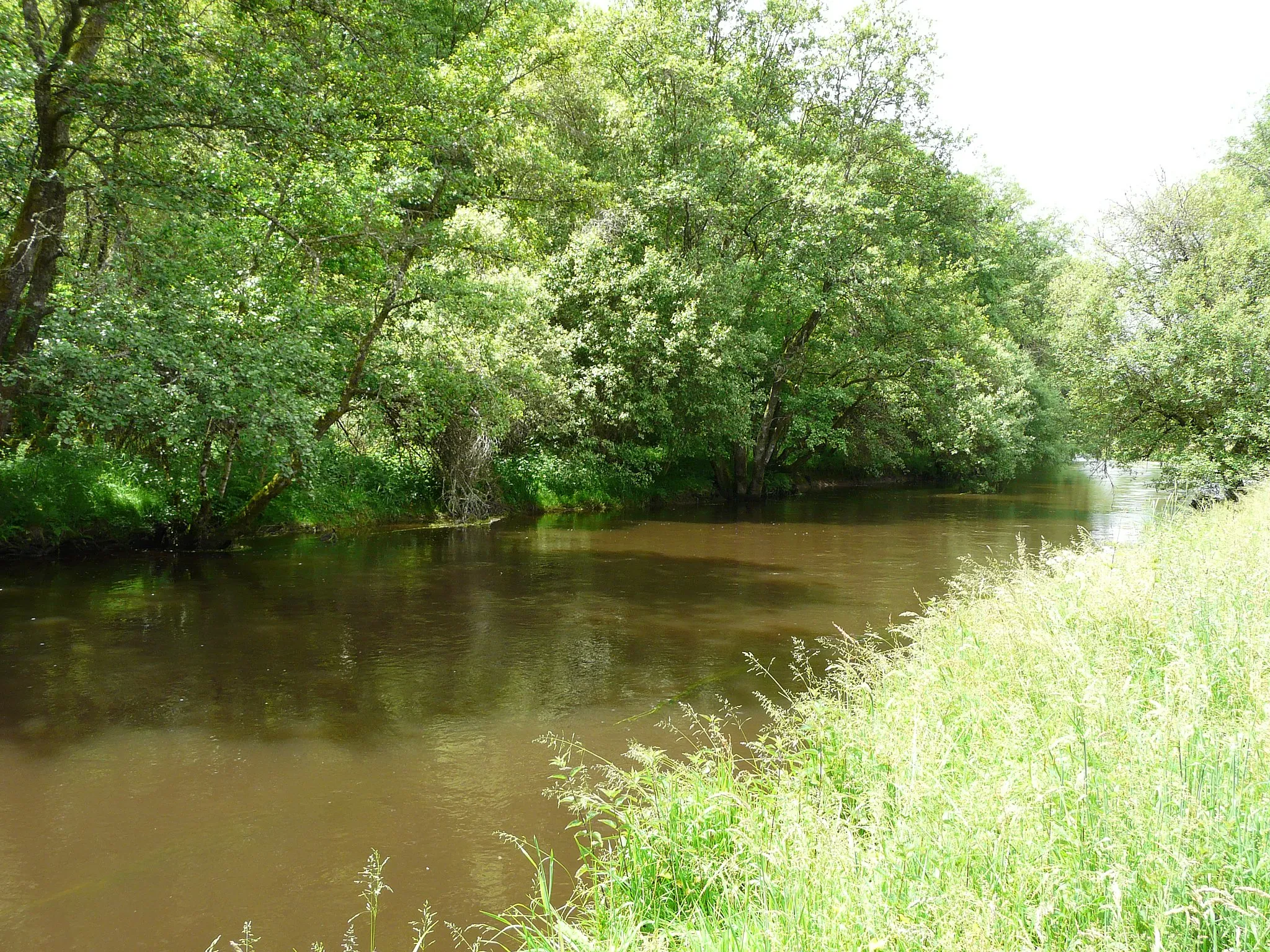 Photo showing: En contrebas de l'aire de la Loutre, la Diège marque la limite entre les communes de Saint-Exupéry-les-Roches (au premier plan) et Mestes (en rive opposée), Corrèze, France.