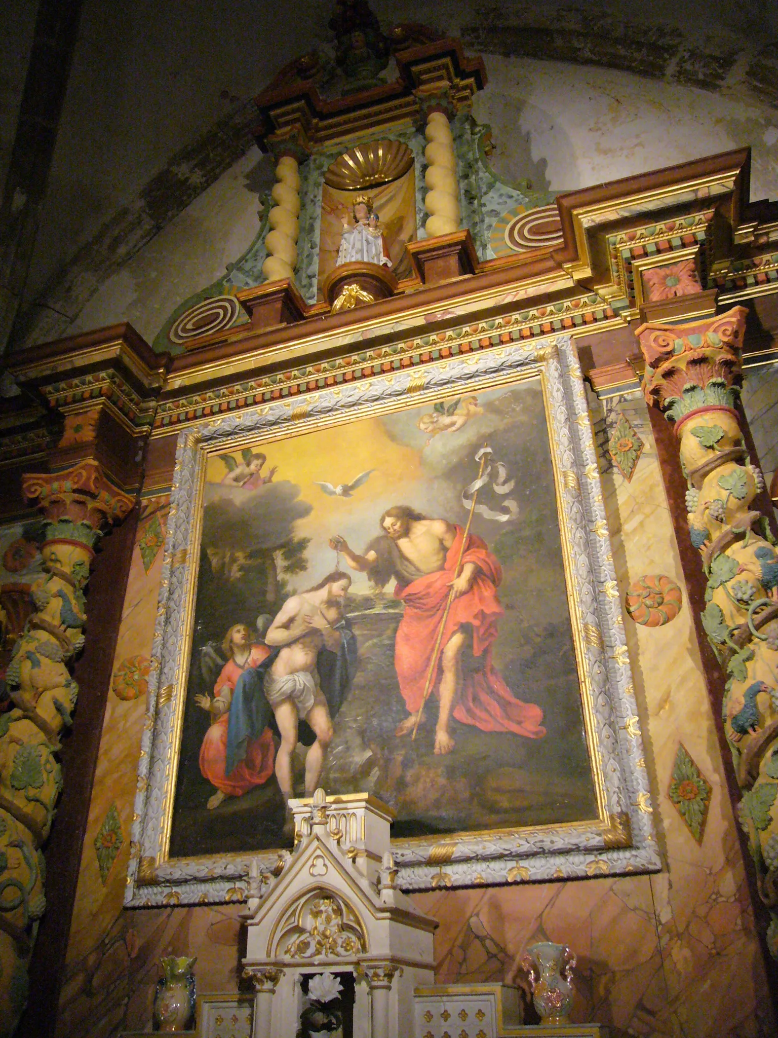 Photo showing: Jabreilles (Haute-Vienne, France), retable baroque de l'église St Martial, avec sa toile d'autel le Baptême du Christ.