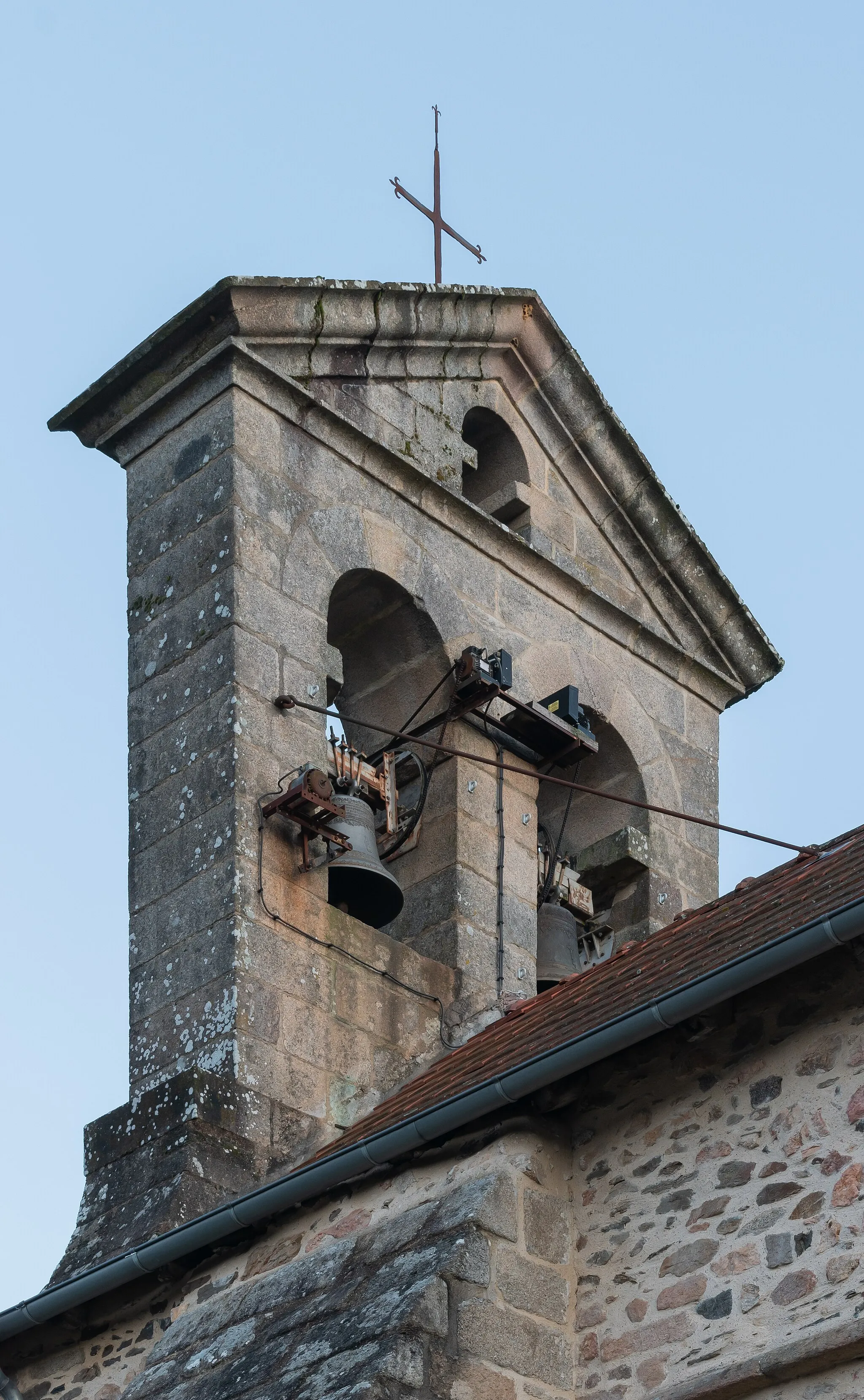 Photo showing: Bell tower of the Saint Hilarius church in Saint-Hilaire-Bonneval, Haute-Vienne, France