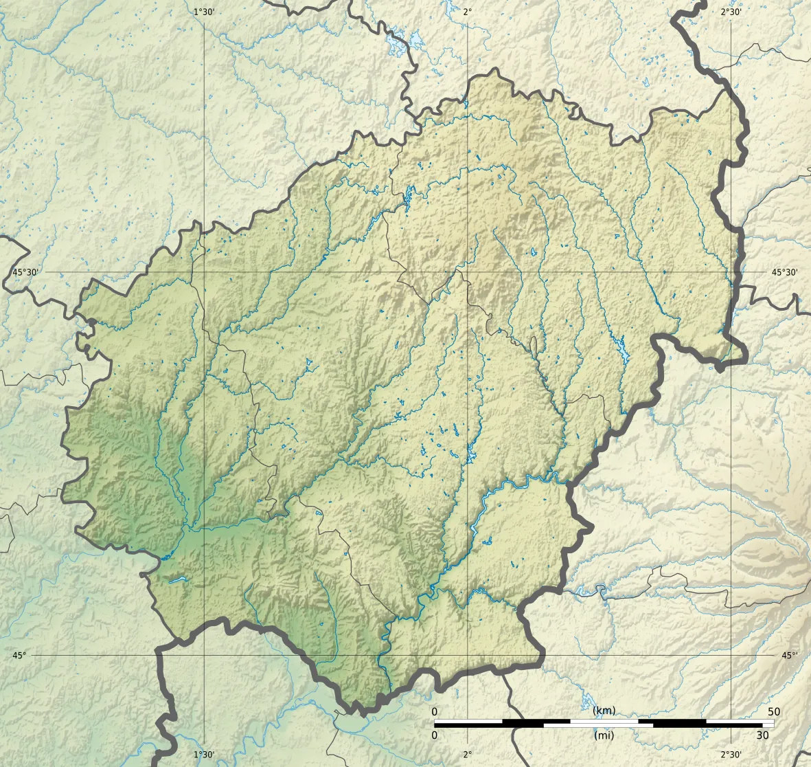 Photo showing: Blank physical map of the department of Corrèze, France, for geo-location purpose.