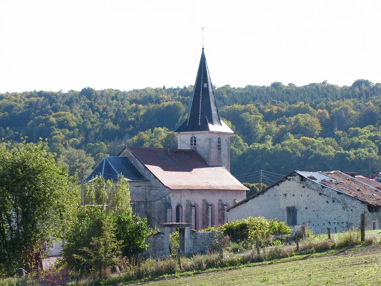 Photo showing: Eglise de Broussey-en-Blois (55) vue depuis la route de Naives-en-Blois sur fond de forêt
Photo prise en automne 2005 par F5ZV