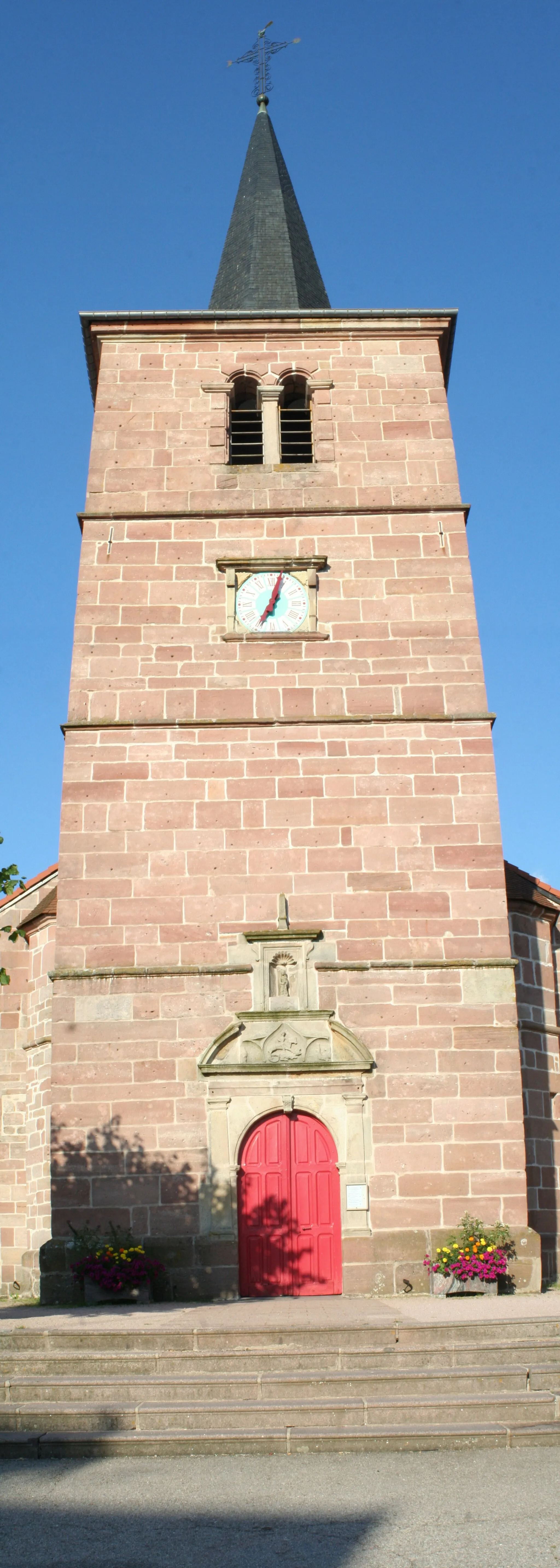 Photo showing: Clocher-porche de l'église de Granges-sur-Vologne (Vosges)
