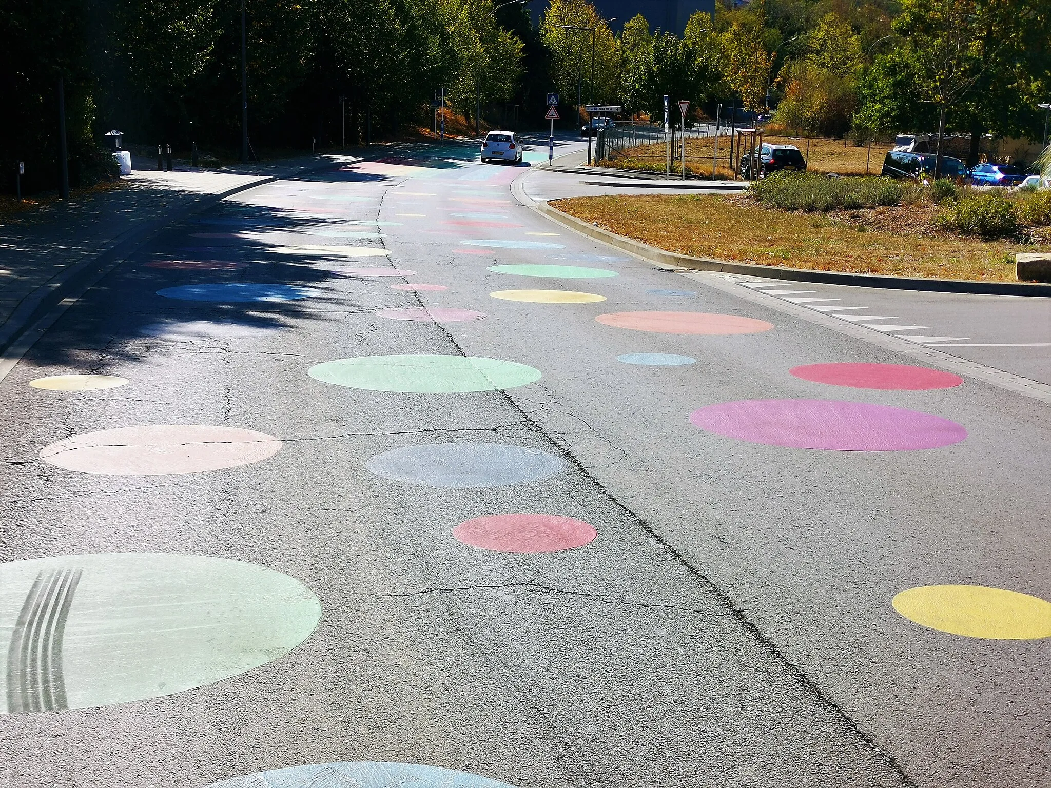 Photo showing: Soleuvre. Marquage routier multicolore devant l'école, non conforme au Code de la route.