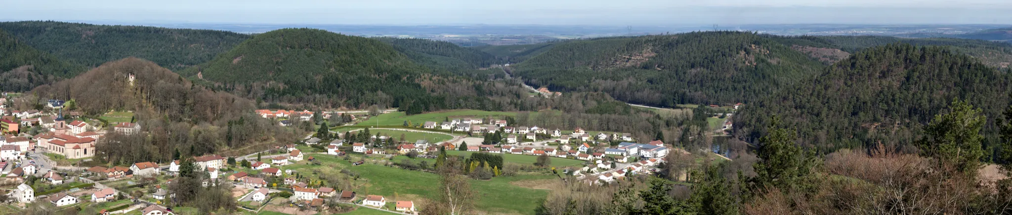 Photo showing: Vue générale sur Bruyères-Vosges depuis le Mirador au sommet de l'Avison. De gauche à droite, la colline du Château, le Buemont, la route de Grandvillers, la montagne de Fouchon , l'étang et la montagne de Pointhaie.