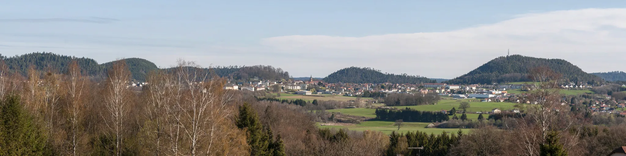 Photo showing: Vue générale sur Bruyères depuis le château d'eau du Syndicat des Eaux de Stéaumont à Fiménil. De gauche à droite : l'Helledraye, le Buemont, Fouchon (en arrière plan), la colline du Château, Pointhaie et le mont Avison.