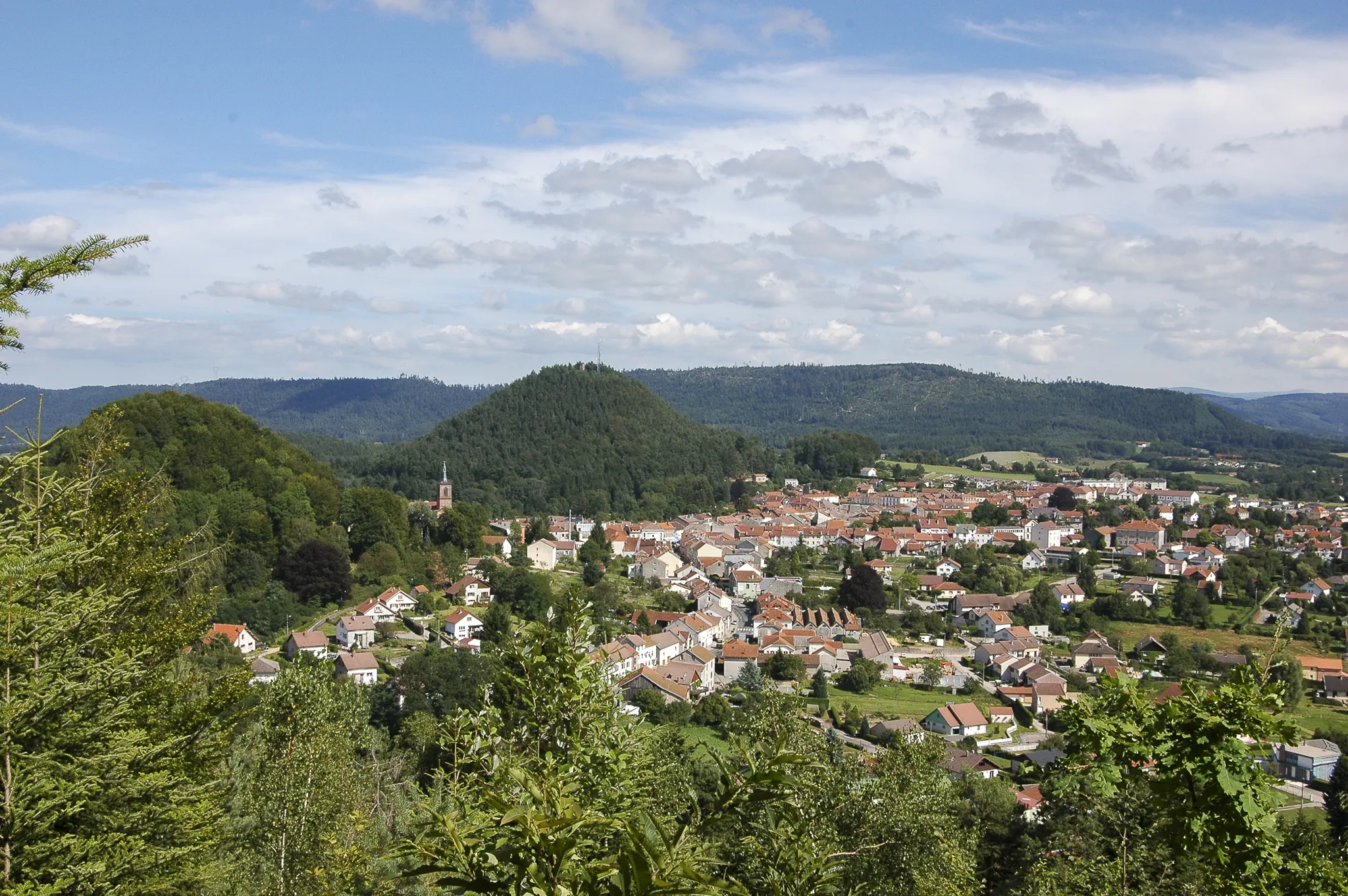 Photo showing: Bruyères dans les Vosges : de gauche à droite la colline du Château, la ville, le Mont Avison, le massif du Borémont derrière l'Avison et les Hautes-Vosges en arrière plan.