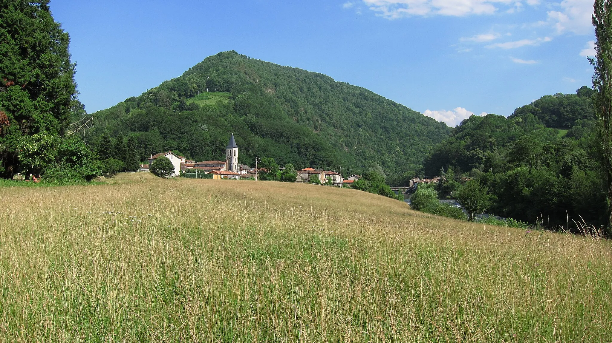 Photo showing: Lacourt (Ariège, France) : Un pré au bord du Salat et en arrière-plan, le village.