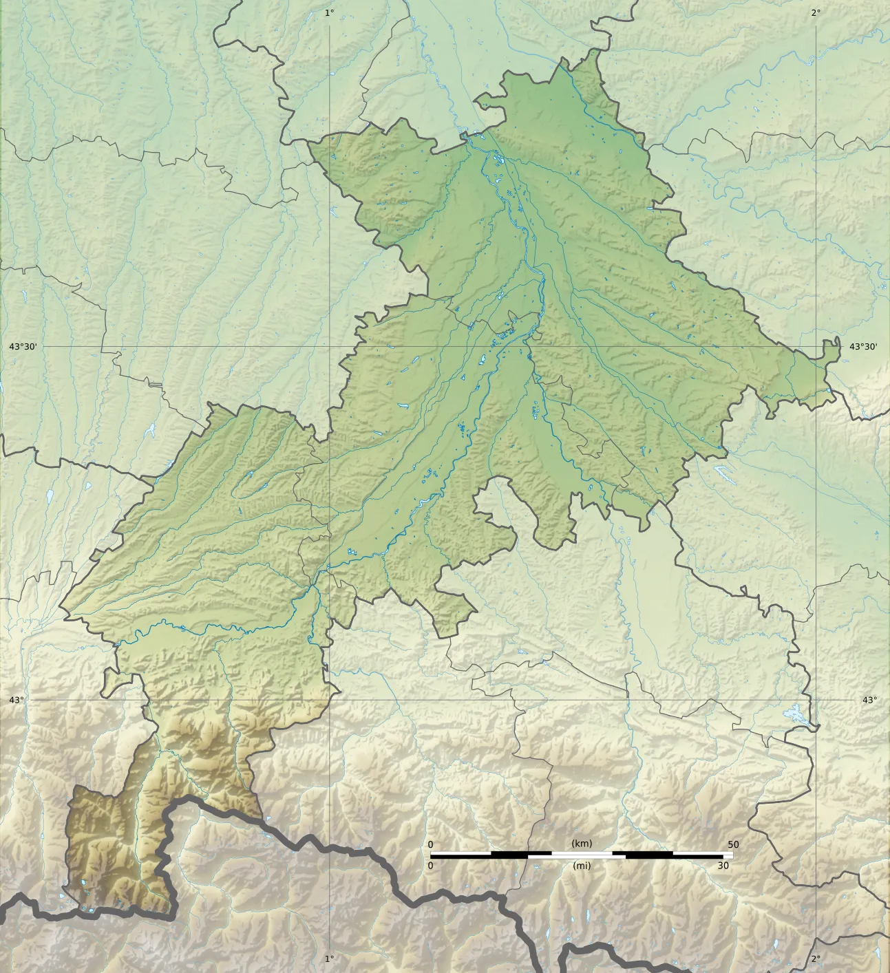Photo showing: Blank physical map of the department of Haute-Garonne, France, for geo-location purpose.
