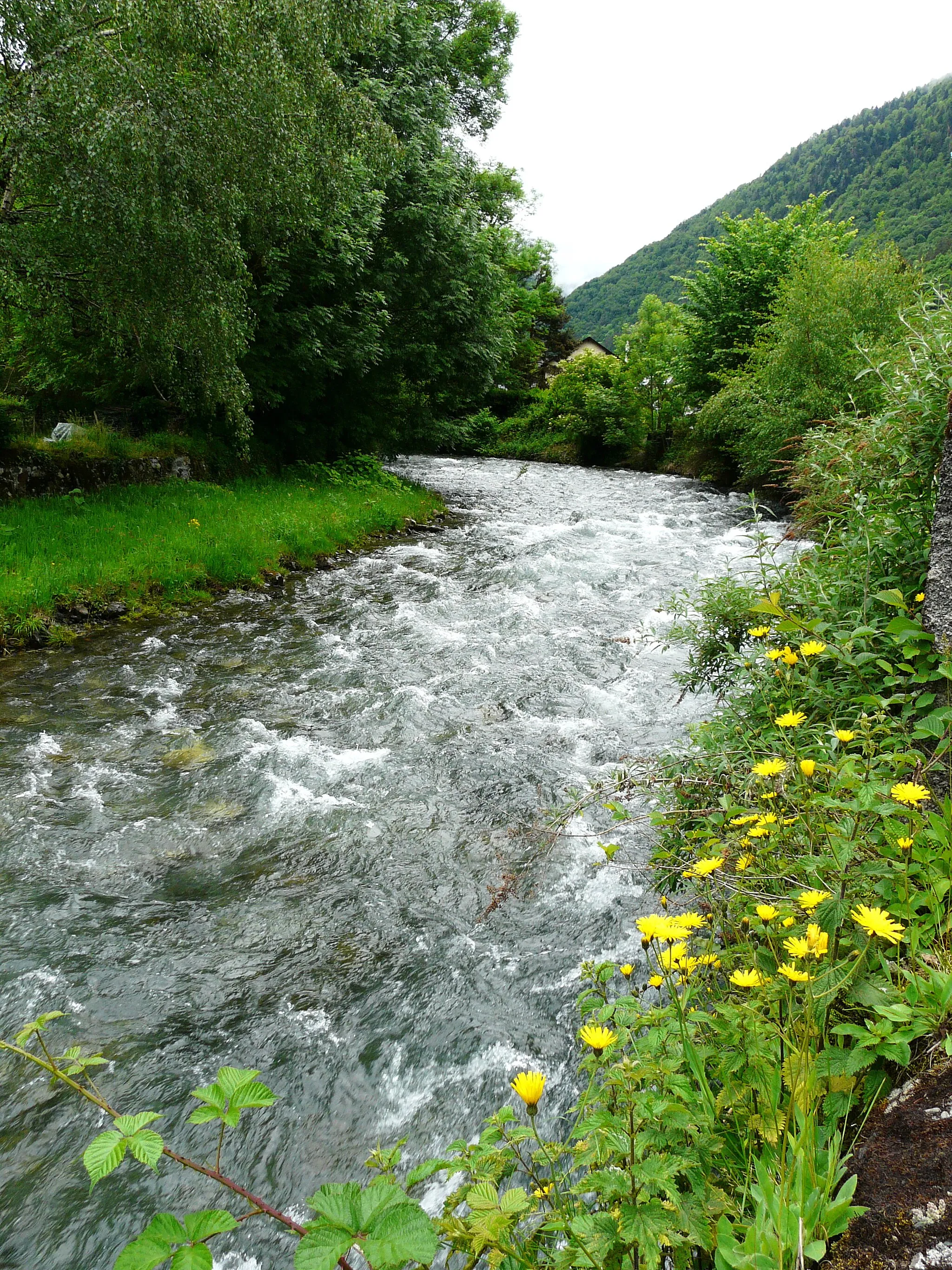 Photo showing: La Pique en aval du pont de la route départementale 618a en limites de Bagnères-de-Luchon (à gauche) et Saint-Mamet (à droite), Haute-Garonne, France.