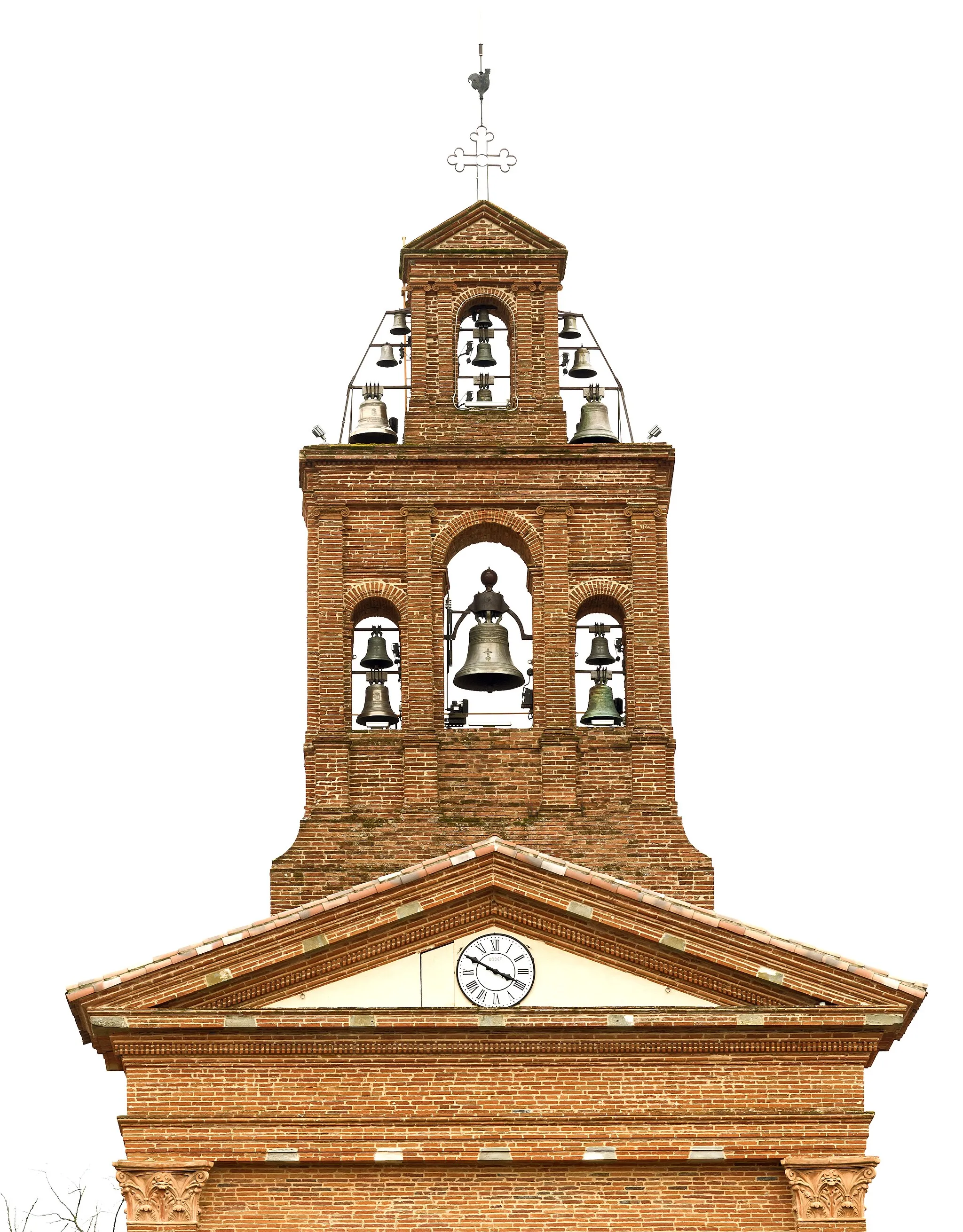 Photo showing: Bell gable of Church of Notre-Dame-de-l'Assomption in Lanta, Haute-Garonne France. Restored by Urbain Vitry.
