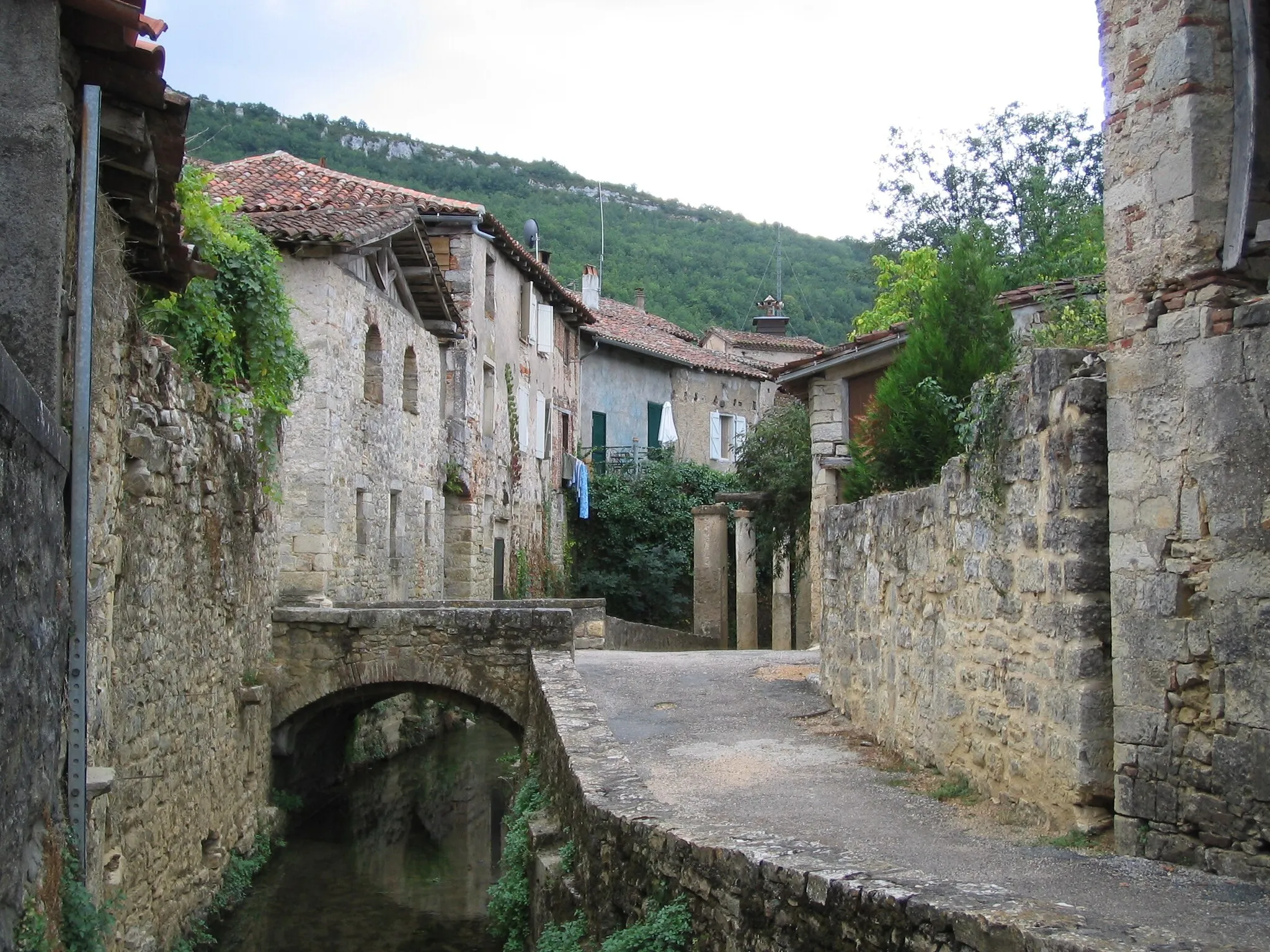Photo showing: Ruelle bordée d'un ruisseau vue du lavoir à Saint-Antonin-Noble-Val (France, Tarn-et-Garonne).