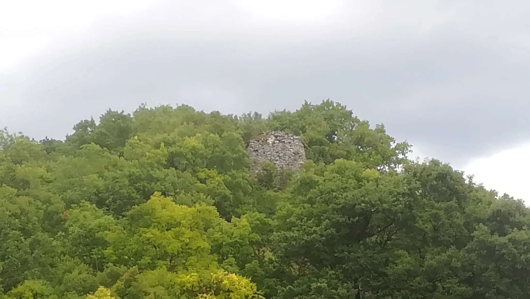 Photo showing: Ruines surplombant Caucalières. Ce sont très sûrement celles de la tour "dite de Monfalcout" qui s'est écroulée en 1770, et qui est possiblement l'un des vestiges du château des barons de Caucalières.