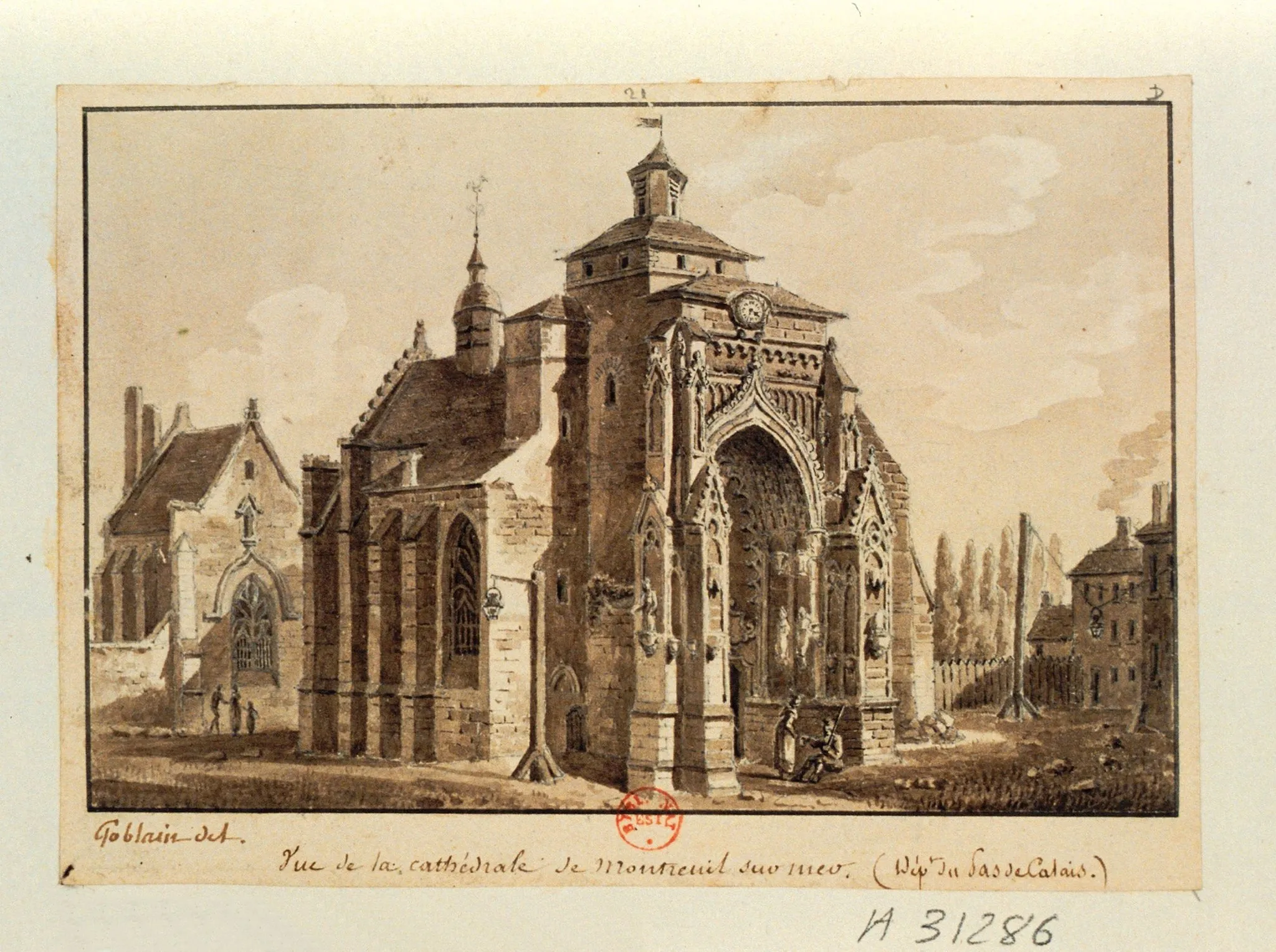 Photo showing: 'Vue de la cathédrale de Montreuil sur mer (Dép.t du Pas de Calais) - Abbatiale Saint-Saulve. Dessin à la plume et lavis à l'encre brune, 9,5 x 14,7 cm. Gravé par Baugean dans le "Nouveau voyage pittoresque de France", Paris, Osterwald l'aîné, 1817.