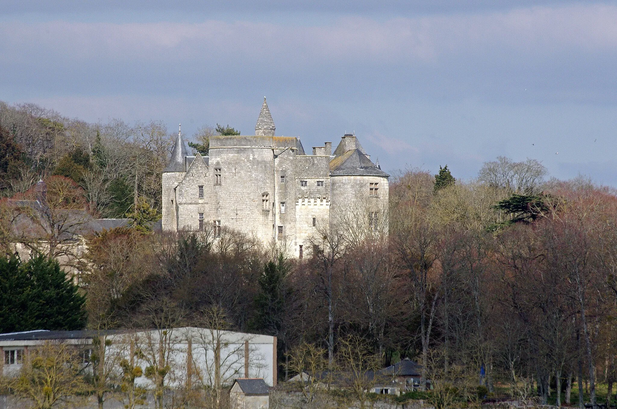 Photo showing: Coutures (Maine-et-Loire)
Château de Montsabert.
Le château est composé de trois corps de bâtiments, avec deux tours dont l'une remonte au 14e siècle. Le grand corps de logis est couronné d'un mâchicoulis avec échauguettes aux angles. L'ensemble présente de beaux détails sculptés de toutes époques. 
Le château prendra una aspect Renaissance avec la construction de la loggia, la surélévation des murs intérieurs de la cour et la fausse balustrade. Fin 17ème siècle, les fenêtres ont été agrandies, l'orangerie et la chapelle construites. Le rempart sud a été rasé pour laisser place à une terrasse avec jardins à la française.

Fondé sur les bases d'un édifice des 11ème et 12ème siècles, le château de Montsabert est construit par la famille de Laval au 13ème siècle.
Du Guesclin* devient possesseur de Montsabert, par son mariage, en deuxièmes noces, avec Jeanne de Laval* en 1374*. Il transforme le château en forteresse dotée d'une double enceinte.  Cette forteresse construite pour contenir le parti anglais ne servit jamais.
A la mort de du Guesclin, le fief de Montsabert revint dans la famille de Laval*.
En 1575, le château passa dans la famille d'Aubigné qui fit transformer le château et édifier la chapelle.
Par la suite, le château sera vendu à la famille Le Maistre, puis par mariage il passera à la famille Goislard.
Le château fut restauré par l'architecte René Hodé* dans la seconde moitié du XIXe siècle.
Au XXe siècle, durant plus d'une trentaine d'année,le château fut un centre de colonie de vacances pour les enfants âgés de 3 à 10 ans de l'usine Francolor.

Bertrand Du Guesclin (1315 - 1380) était un petit hobereau breton. C'est le chevallier par excellence.  Du Guesclin fait ses premières armes en tournoi.  Il est recruté, comme mercenaire pour le compte de Charles de Blois, allié du roi de France Jean II le Bon, en 1355. Ill enlève Rennes aux Anglais en 1356. En 1357, il entre dircetement au service du roi de France et est armé chevalier. Lorsque le roi de France est prisonnier des Anglais , à Londres, suite à la victoire du Prince Noir, Du Guesclin reste fidèle au Dauphin, le futur Charles V.  Devenu capitaine général du duché de Normandie, il mènera contre les anglais une guerre de harcèlement. C'est l'inventeur de la guérilla. Il sera à cette occasion surnommé le "Dogue noir". Après de nombreuses batailles, il sera fait prisonnier lors de la bataille d'Auray le 29 septembre 1364. Bataille au cours de laquelle Charles de Blois trouve la mort. Le roi de France Charles V paiera sa rançon. Il prendra alors le commandement des Grandes Compagnies, bandes de mercenaires de toutes nationalités qui désoeuvrées ravageaient la france. Il les emmène batailler en Castille pour en débarrasser  le Royaume. Il tombera de nouveau aux mains des anglais et sera à nouveau libéré contre rançon. Élevé au titre de connétable (ministre des armées), en 1370, Du Guesclin dirige jusqu'à sa mort les opérations militaires de la guerre de Cent Ans. Tombé malade lors du siège de  Châteauneuf-de-Randon, il meurt le 13 juillet 1380. Charles V le suivra deu mois plus tard.
Il s'agit de Jeanne de Laval-Tinténiac. Elle n'aura pas d'enfant de son premier mariage avec Bertrand Du Guesclin.  Elle aura deux enfants de son second mariage : Guy et Anne. En 1374, Bertrand du Guesclin, alors Connétable du roi de France et veuf de Tiphaine Raguenel, épouse Jeanne de Laval, dans la chapelle du château de Montmuran (Ille-et-Vilaine) et devient propriétaire du domaine par alliance jusqu'en 1380, date de sa mort devant Châteauneuf-de-Randon en Auvergne. Après la mort de Du Guesclin, Jeanne de Laval se remarie avec son propre cousin en 1384, Guy XII de Laval, de manière à ce que le château reste dans la famille. Elle sera mariée avec dispense du Pape (d'Avignon) obtenue par le roi de France Charles VI.  Le contrat fut  signé dans la salle du château de Meslay, en présence de Jean de Laval-Châtillon, père de Jeanne, et d'autres seigneurs.  Elle aura deux enfants de ce mariage, Guy et Anne. Guy mourut jeune et Anne restat seule héritière. Pierre Le Baud, aumonier de la duchesse Anne de Bretagne rapporte l'accident de Guy dans sa "chronique de Vitré", pp 66-67 : "à l'an 1403 : Auquel an aduint par fortune aduerfe, que le dit Guy, lequel ils préfumoient leur futur héritier, & qui auoit fiancée par paroles de futur Mademoifelle d'Alençon, fille du Duc d'Alençon, qui puis fut femme de Monfieur Pierre de Nauarre, & en après Ducheffe de Bauière; ainfi qu'il s'efbatoit au jeu de la paulme, auec les nobles jouuanceaux de fon aage, comme il entendoit feulement à fon jeu, en recullkant pour cuider retourner fon efteuf, il tumba à la renuerfe dedans vn puys fans marzelle, n'y oncques ne peurent fes gens affiftans mettre remèdeque là il ne perillaft; car il ne vefquit que huict iours après." (Histoire de Bretagne avec les chroniques des maisons de  Vitré et de Laval par Pierre Le Baud chantre et chanoine de l'Eglise Collégiale de Notre-Dame de Laval, etc... - Paris 1638)

René Hodé, né à Marans dans le Maine-et-Loire en 1811, était un architecte de style "néo-gothique". Il rénovera complètement Montsabert et presque une trentaine d'autres châteaux, essentiellement privés.
Montsabert Castle was built in the 13th century on the site of a building of the 11th century by the family of Laval.
Duguesclin will Montsabert possessor, due to his marriage to Jeanne de Laval, in 1374.
The castle was restored by the architect René Hodé the 19th century.

In the 20th century, the castle became a summer camp for young children.