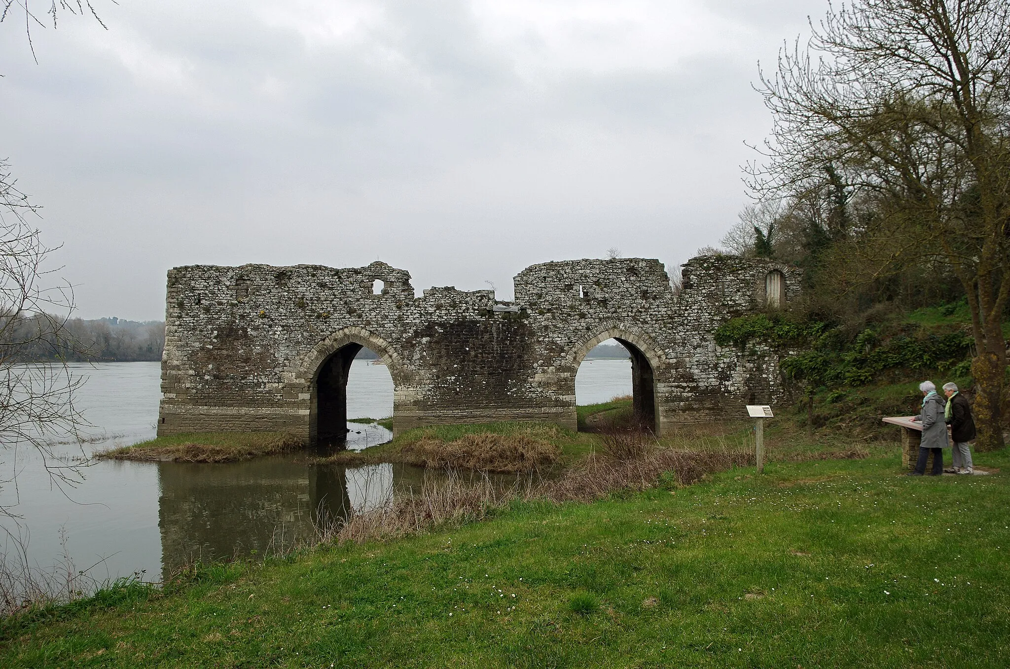 Photo showing: Champtoceaux (Maine-et-Loire).
Le Moulin-pendu.
On a longtemps cru que ces quelques arches étaient les vestiges d'un péage.
Une étude récente suppose que ces deux arches du XIIIe siècle abritaient des roues à aubes qui pouvaient être manoeuvrées, par un système de vérins, pour suivre le niveau de la Loire, d'où le  nom de moulin-pendu. Les roues entraînaient des meules situées au dessus. La structure serait ainsi similaire à celle des moulins construits à la Treille, à Angers et aux Ponts-de-Cé édifiés à la même époque*. Les arches abritèrent les roues à aubes jusqu'à 1420.
Après 1420, et jusqu'au XIXe siècle, des moulins sur bateaux ont succédé au Moulin-pendu.
Il y avait bien un péage à Champtoceaux, depuis le VIIe siècle. Une digue de pieux en travers de la Loire obligeait les bateaux à passer par un passage, appelé "porte marinière", pour contrôler les marchandises et faire payer les droits.  Ces droits pouvaient être royaux ou seigneuriaux, selon les époques.

Un moulin-pendu gallo romain a été relevé en 2007 dans l'Allier, dsur une culée de pont, à Vichy. C'est le seul de cette époque retrouvé en France.