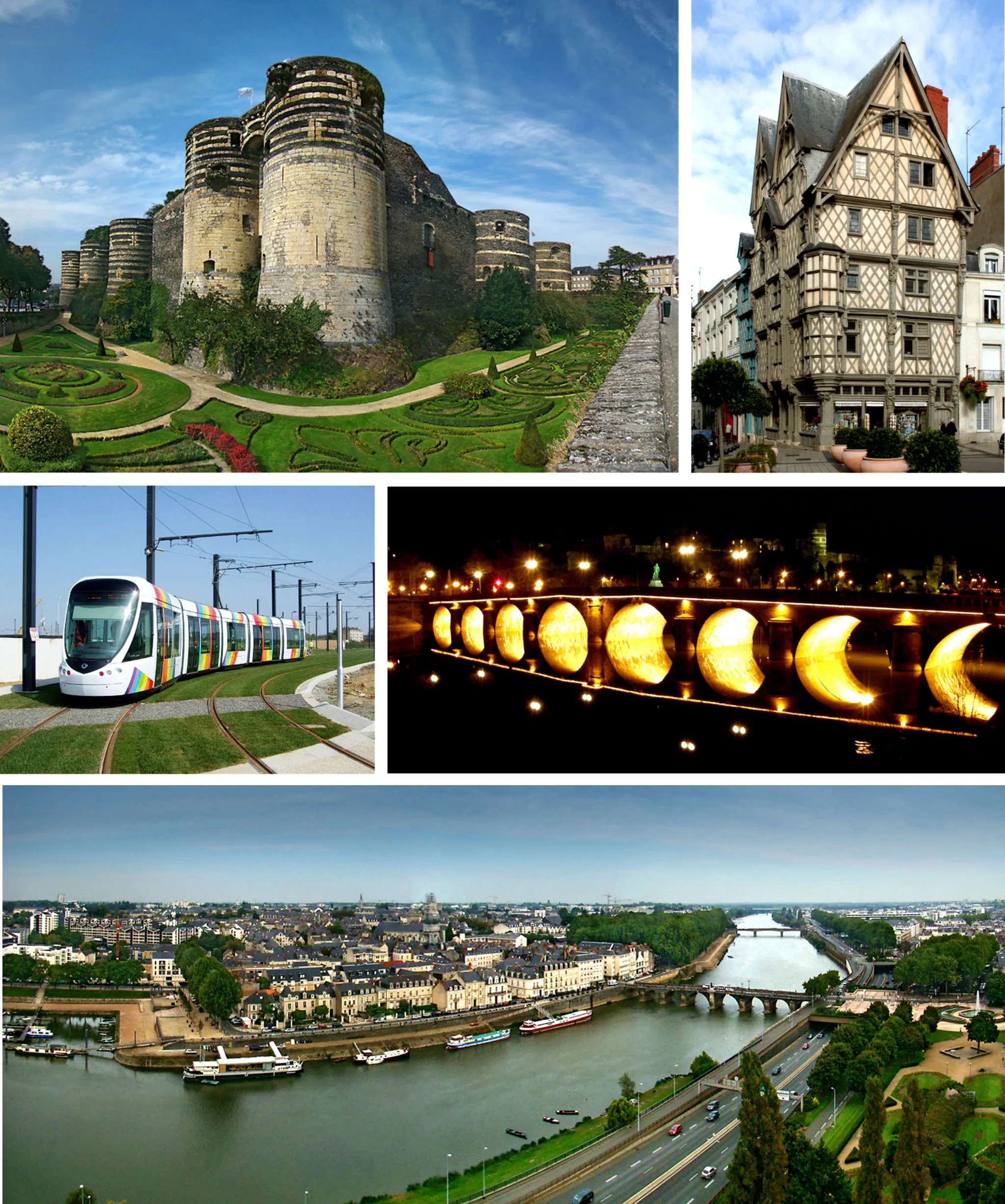 Photo showing: Various views of Angers, France.
Top to bottom, clockwise:

The castle, the "Maison d'Adam", the "pont de Verdun" by night, panorama of the Maine seen from the castle, a tram.
