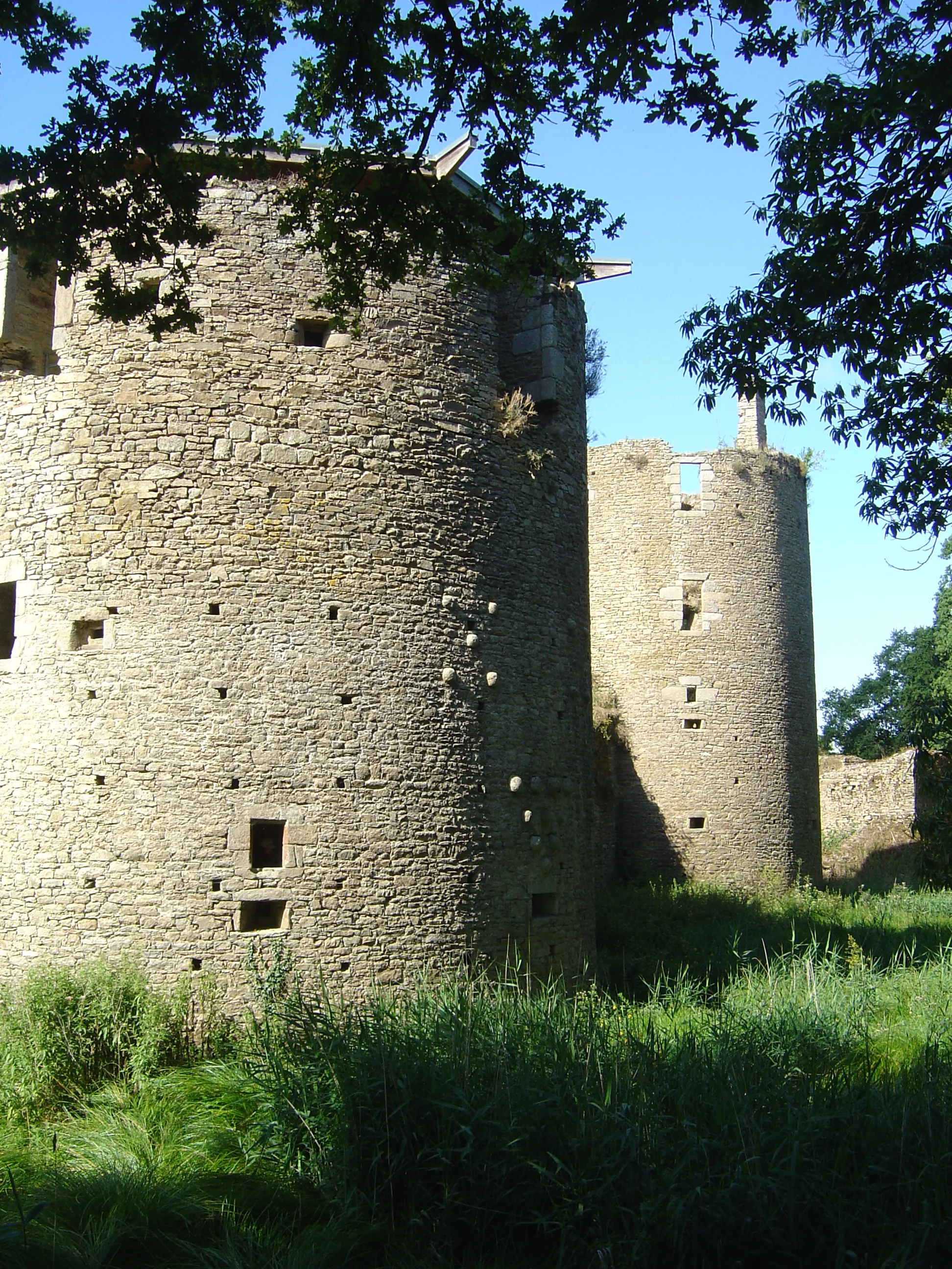 Photo showing: Château de Ranrouët, north tower in the foreground, northwest tower (part of the gatehouse) behind, outer bailey in the background