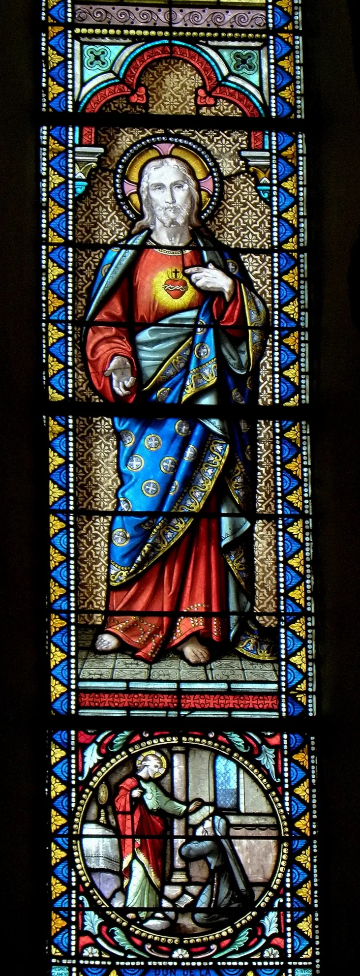 Photo showing: Baie 00 de l'église Saint-Ouen de Saint-Ouën-des-Toits (53). 1er registre : apparition du Sacré-Cœur à Sainte-marguerite-Marie-Alacoque. 2d registre : le Sacré-Cœur.
