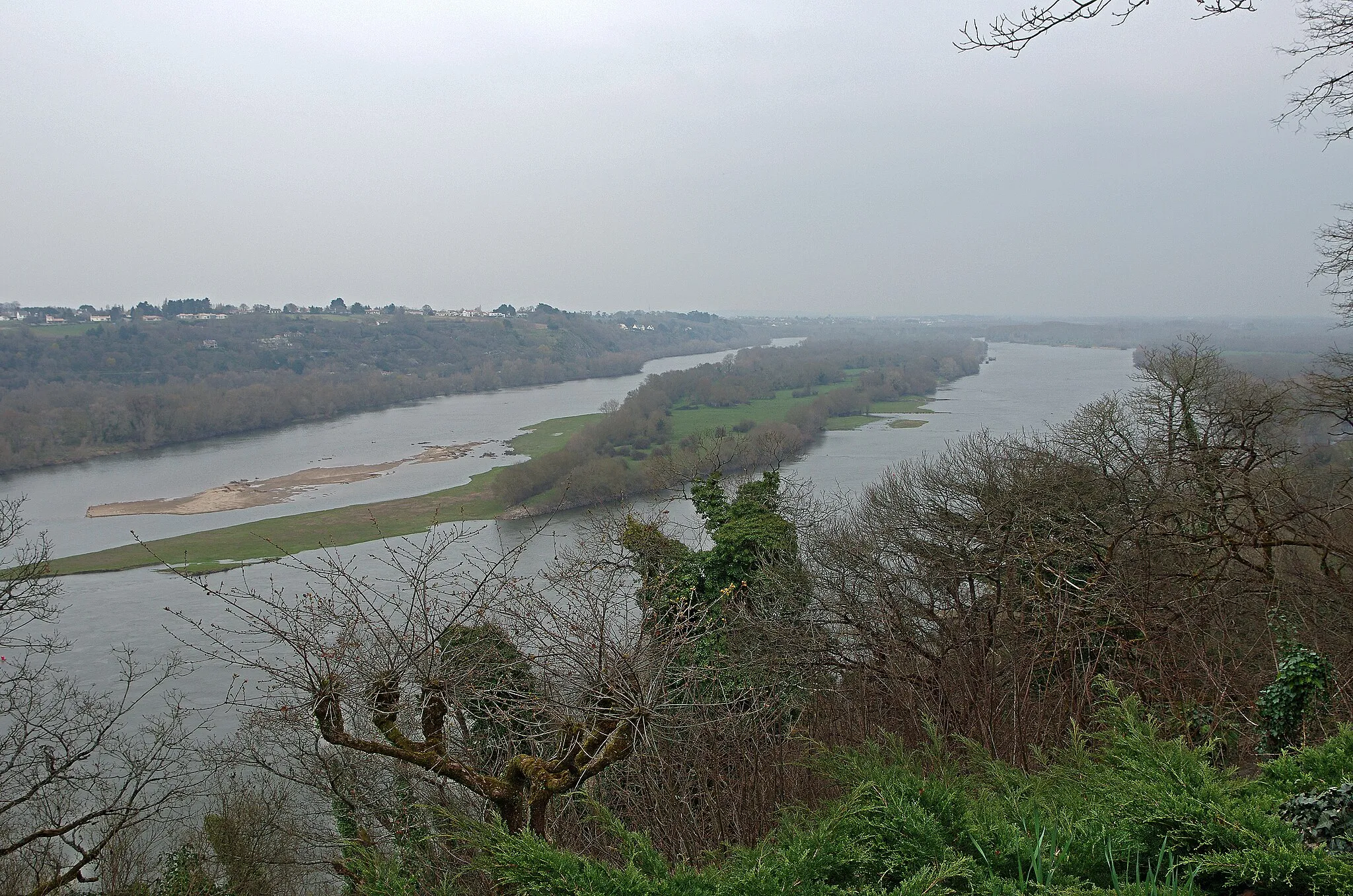 Photo showing: Champtoceaux (Maine-et-Loire)
La Loire et l'île Neuve-Macrière.
L'île Neuve-Macrière mesure 4,1 km sur 320 m dans dans ses dimensions maximales, pour une surface de 83 ha. Elle est située en réalité sur la commune de Oudon (Loire-Atlantique). L'île est partagée entre plus d'une dizaine de propriétaires. L'île Neuve-Macrière est souvent confondue, y compris dans les dépliants touristiques,  avec l'île Neuve située 8 km en aval, qui ne fait que 47 ha.
Des dragages effectués durant l'hiver 1986, au niveau de la pointe

amont de l'île Neuve-Macrière, ont révélé un abondant mobilier archéologique néolithique-ancien : céramiques, silex, objets en bois de cerf, os et dents de bovins et de suidés, ainsi que des pieux.