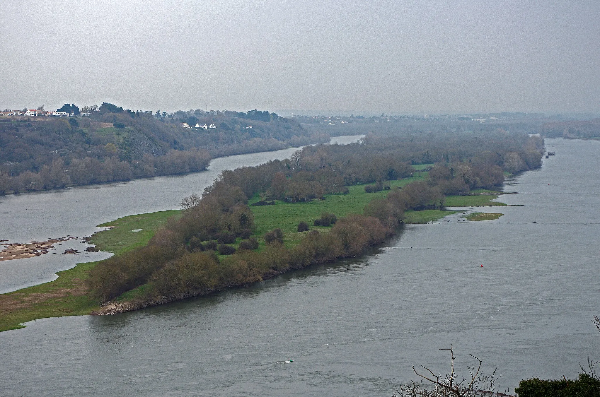 Photo showing: Champtoceaux (Maine-et-Loire)
La Loire et l'île Neuve-Macrière.
L'île Neuve-Macrière mesure 4,1 km sur 320 m dans dans ses dimensions maximales, pour une surface de 83 ha. Elle est située en réalité sur la commune de Oudon (Loire-Atlantique). L'île est partagée entre plus d'une dizaine de propriétaires. L'île Neuve-Macrière est souvent confondue, y compris dans les dépliants touristiques,  avec l'île Neuve située 8 km en aval, qui ne fait que 47 ha.
Des dragages effectués durant l'hiver 1986, au niveau de la pointe

amont de l'île Neuve-Macrière, ont révélé un abondant mobilier archéologique néolithique-ancien : céramiques, silex, objets en bois de cerf, os et dents de bovins et de suidés, ainsi que des pieux.