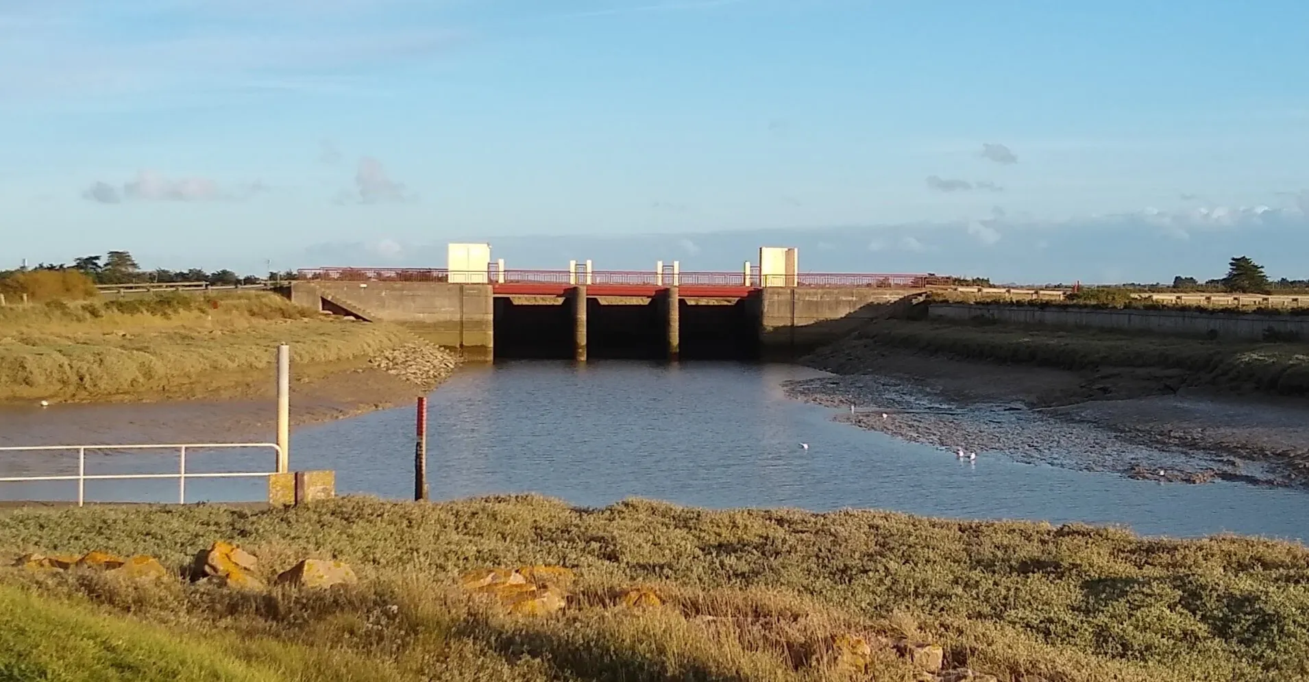 Photo showing: The Collet sluice (Vannage du Collet) controls the egress of fresh water from the Falleron and ingress of salt water from the sea. Seen here facing upstream, the Falleron flows west to the right of picture and the tributary to the left is the mouth of l'Etier de la Charreau Blanche a short distance from the Millac sluice (Vannage de Millac).