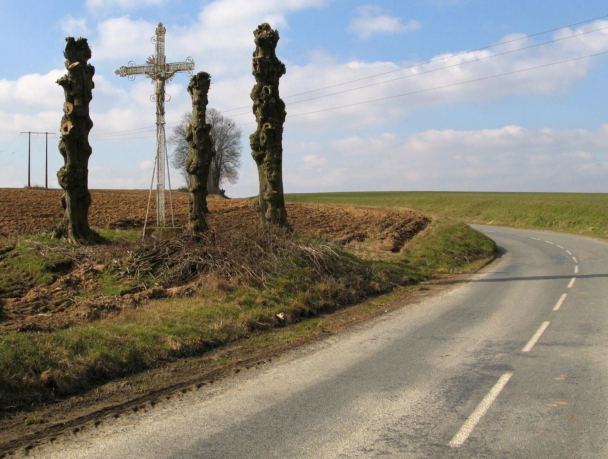 Photo showing: Léalvillers (Somme, France) -
Le calvaire, à l'écart du village (au Nord-Ouest), en allant vers le hameau de Belle-Église, sur la route d'Arquèves.
.