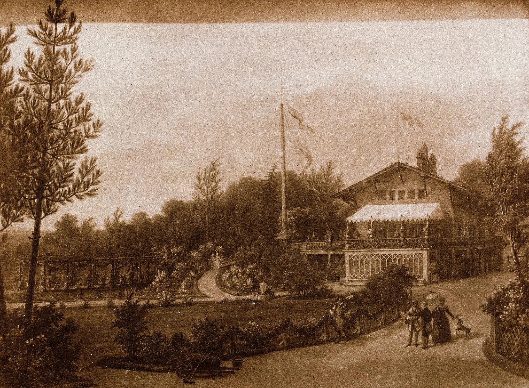 Photo showing: Favourite home of Alexandre Brongniart, in Bézu St. Eloi, Eure; Brongniart depicted in the foreground, holding a walking stick and a hat. Photoprint.

Iconographic Collections
Keywords: Alexandre Brongniart