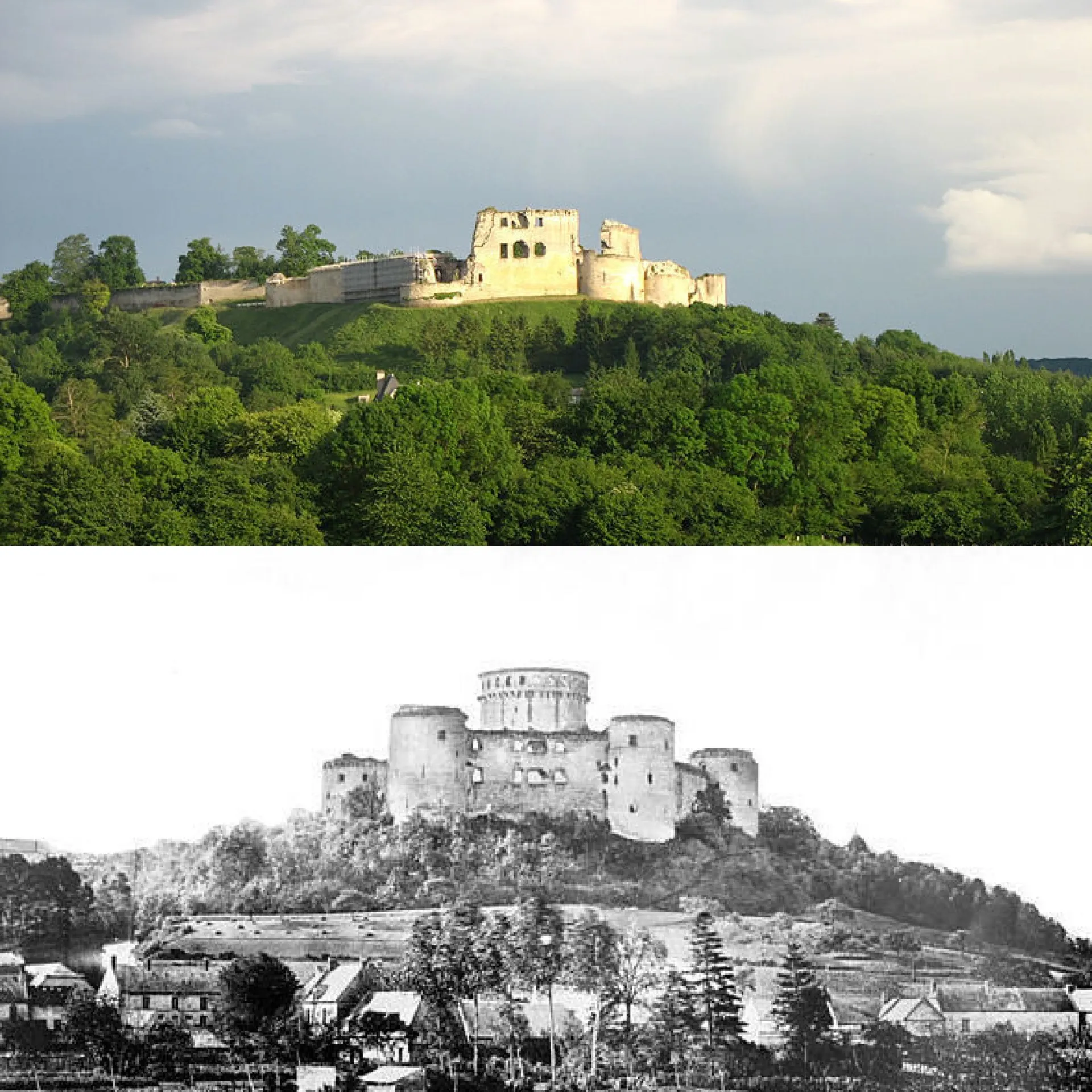 Photo showing: Le château de Coucy en 2007 en haut et en 1909 en bas