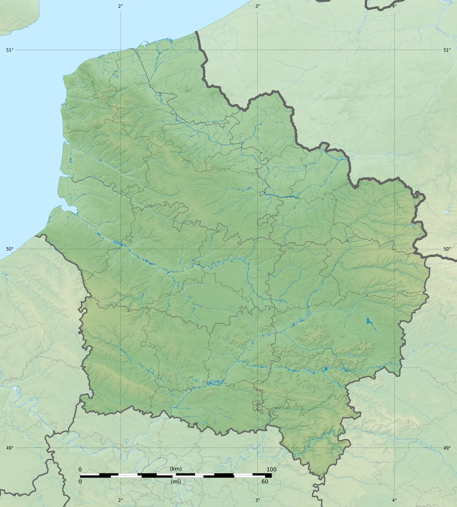 Photo showing: Carte topographique vierge de la région Hauts-de-France, France, destinée à la géolocalisation.