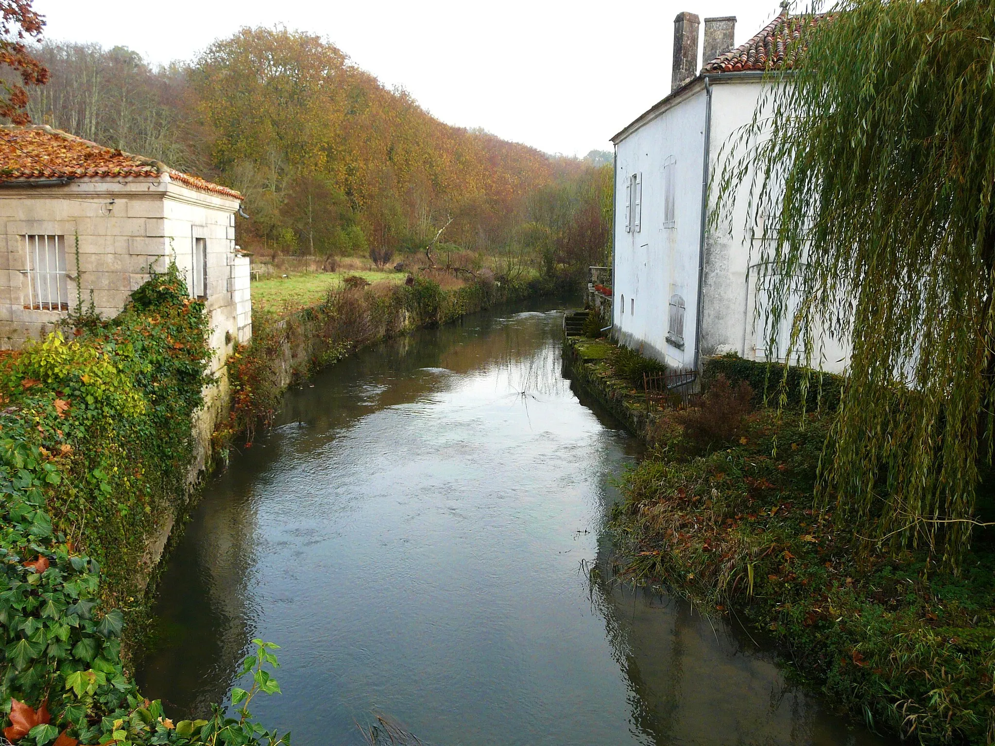 Photo showing: En amont du pont de la route départementale 939, la Nizonne marque la limite entre Combiers (Charente) à gauche, et La Rochebeaucourt-et-Argentine (Dordogne).