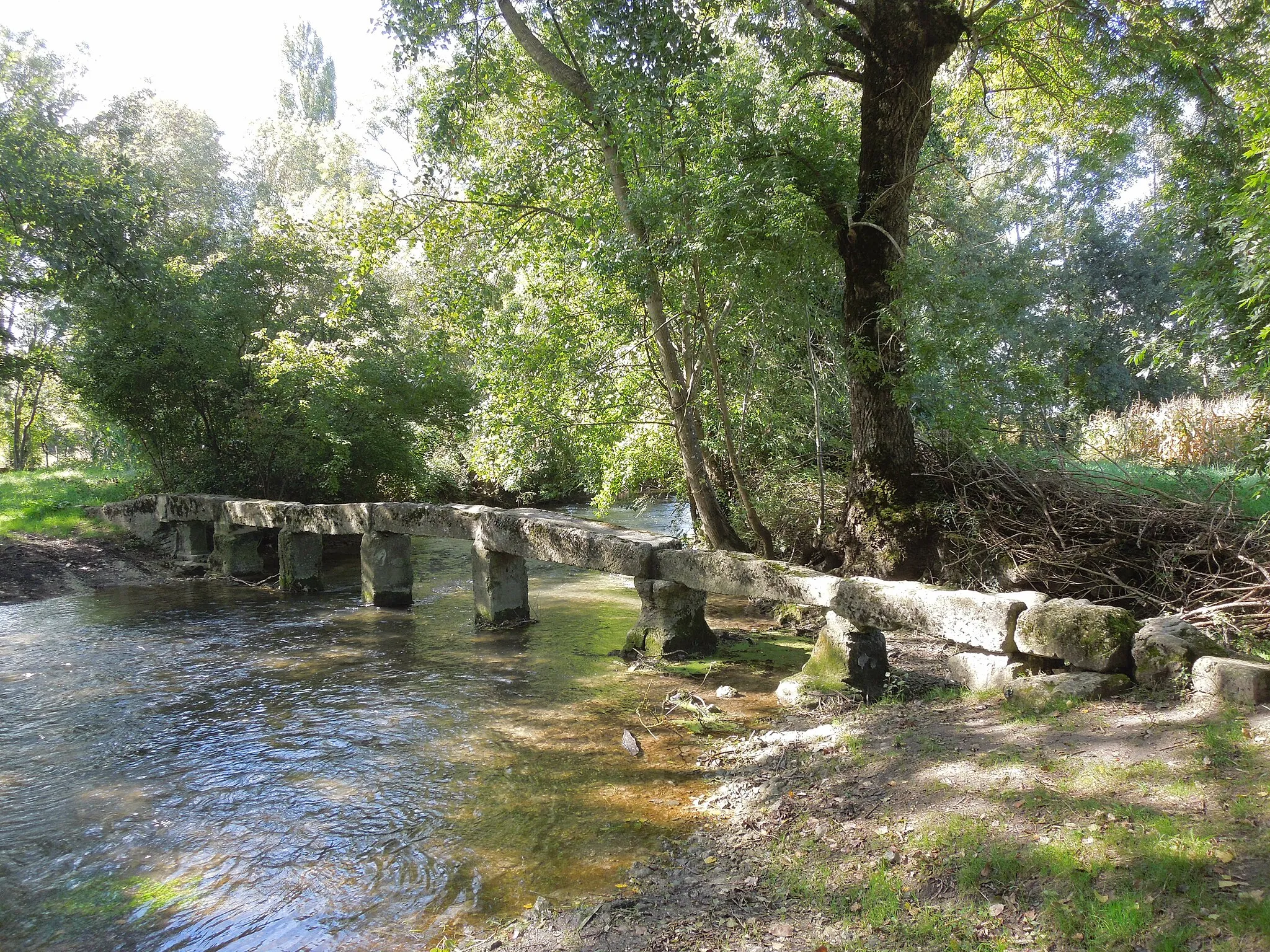 Photo showing: Medieval footbridge, called Pont Romain, across the Trefle near Neuillac, France