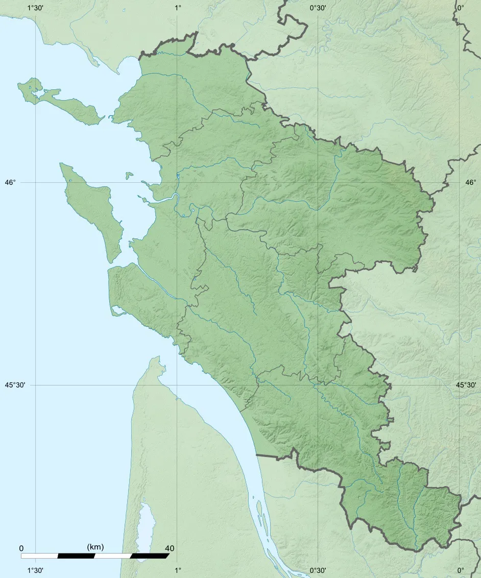 Photo showing: Blank physical map of the department of Charente-Maritime, France, for geo-location purpose, with distinct boundaries for regions, departments and arrondissements.