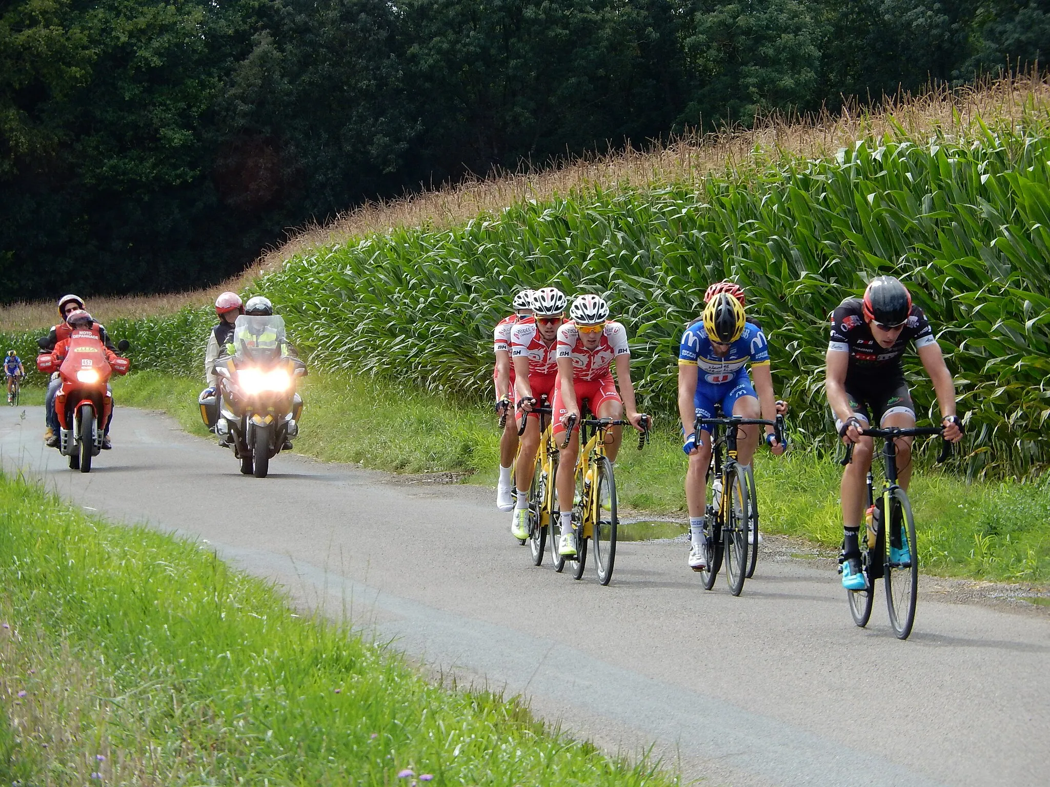 Photo showing: Passage des coureurs en tête de la course cycliste du Prix Marcel Bergereau dans la commune des Essards le 12 août 2017.