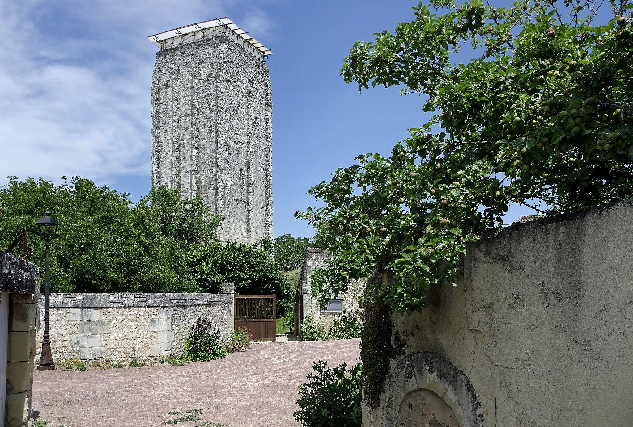 Photo showing: Loudun (Vienne)
Le Donjon ou Tour Carrée.
La tour, de 31 m de haut, servait de tour de guet. L'absence de puits et de latrines, nécessaires pour soutenir un siège, semble bien indiquer qu'elle n'a jamais eu un caractère défensif d'un véritable donjon. Elle comportait trois étages séparés par des planchers.

La Tour Carrée, fut probablement construite d'abord en bois, vers 1040 par Foulques Nerra, Comte d’Anjou et Seigneur de Loudun.
Au XIIe siècle, elle fut rasée et rebâtie dans sa forme actuelle, sur les mêmes fondations, par le petit fils de Foulques Nerra, Foulques le Rechin.
Philippe Auguste investira la place en 1206, et va fortifier la ville en l'entourant d'une enceinte avec une quinzine de tours. Il construira également un donjon doont il ne reste que les fondations.
En 1214 : Jean-sans-Terre achète l’aide des barons poitevins : les Chauvigny, les Mauléons, les Thouars. Il s'allie également à l'empereur d'Allemagne et au comte de Flandre, contre le roi de France. Jean-sans-Terre occupe Angers. Mais il est battu à La Roche-aux-Moines et ses alliés (L'empereur Otton IV de Brunswick et Ferrand de Flandre) le sont à Bouvines le 27 juillet 1214. Le 18 septembre 1214, Philippe Auguste impose la paix de Chinon à Jean-sans-Terre.  Le roi d’Angleterre garde l'Aquitaine, mais paye 60 000 livres au roi de France et renonce à l’Anjou, au Maine, à la Touraine, au Poitou.
Au printemps 1360, le traité de Brétigny met fin à plus de 20 ans de combats. Le traité de paix qui suit (à Calais) est calamiteux pour les Valois. Édouard III renonçe au titre de roi de France mais il obtient la souveraineté sur la Guyenne, la Saintonge, l’Agenais, le Limousin, le Périgord, le Quercy et l’Angoumois. 
Le poitou retourne sous la coupe Anglaise. Le royaume de France retourne 150 ans en arrière.
Le fils de Jean II le Bon, Charles V, se lance dans une guerre de reconquète du Poitou. Les barons poitevins ont massivement choisi le parti anglais, mais du Guesclin reprend une série de places fortes aux anglais (Montcontour, Poitiers, La Rochelle...). A l'hiver 1372, le traité de Loudun mettra fin à cette reconquète: les seigneurs poitevins prêtent serment au roi de France. Mais auparavant, Loudun avait été cédée par Charles V au duc d'Anjou en 1367, en échange de Champtoceaux.
Les ducs d'Anjou feront construire une demeure appelée le Palais Royal de Sicile, dont malheureusement il ne reste rien. La tour a été enclavée dans les bâtiments du Palais Royal.
René d"Anjou devra céder Loudun à Louis XI qui fera de la ville un baillage. Par la suite, Loudun dépendra de Saumur.
Au milieu du XVIème siècle, le roi de Navarre, Henri, qui deviendra Henri IV, prend la ville. La religion Protestante a de nombreux adeptes à Loudun.  Après la bataille de Montcontour et le siège de Poitiers, le futur Henri III  reprendra Loudun et fera détruire l'ancienne forteresse de Philippe Auguste.  La ville passera donc alternativement du Parti Catholique au Parti Protestant. L'Edit de Nantes (1598) fait de Loudun une des places de sureté protestantes.
Au XVIIème siècle, à la demande de Richelieu, les places fortes protestantes furent démolies. Loudun comprenait alors un grand nombre de protestants, le château sera démoli en 1633. Lors de la démolition du château, la tour fut cependant épargnée, sur demande du secrétaire de Louis XIII, Lucas, ce pourquoi on lui donne parfois le nom de Tour "Lucas". L'année d'avant, en 1632, en été, une épidémie de Peste emportait plusieurs milliers de Loudanais.
Au XVIIIe, un violent tremblement de terre touchera le reste des murailles et l'église.
Loudun accueillera favorablement la Révolution.

Au pied de la Tour Carrée, on peut visiter un jardin d'inspiration médiévale, comptant entre autres les plantes ayant servi à l'élaboration du polychreston, médicament élaboré au XVIIe par Théophraste Renaudot.