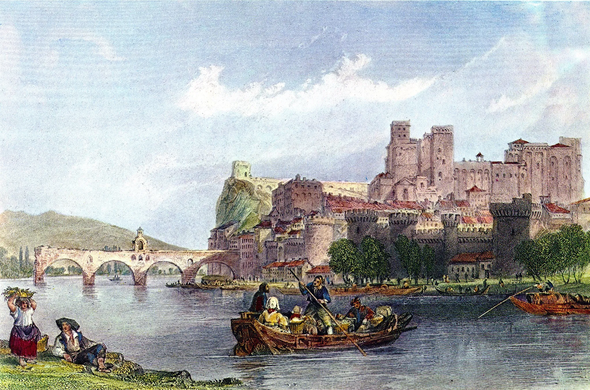 Photo showing: Avignon boat scene, around 1840. Drawing by T. Allom, engraving by E. Brandard.