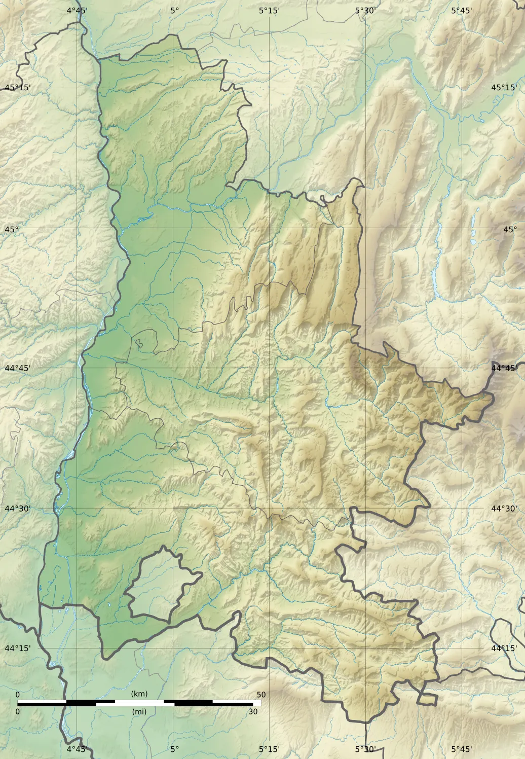Photo showing: Blank physical map of the department of Drôme, France, for geo-location purpose.
