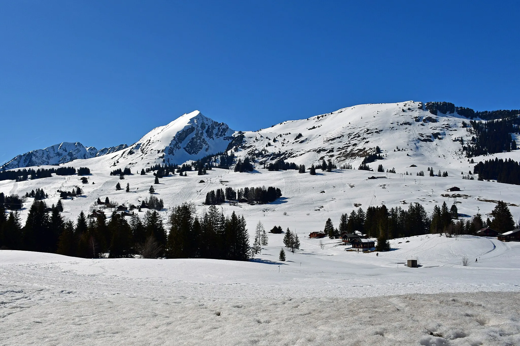 Photo showing: Le domaine skiables des Mosses (Canton de Vaud, Suisse) avec le Mont d'Or (2175 m), le Gros Van (2189 m) et le Petit Van (2006 m).