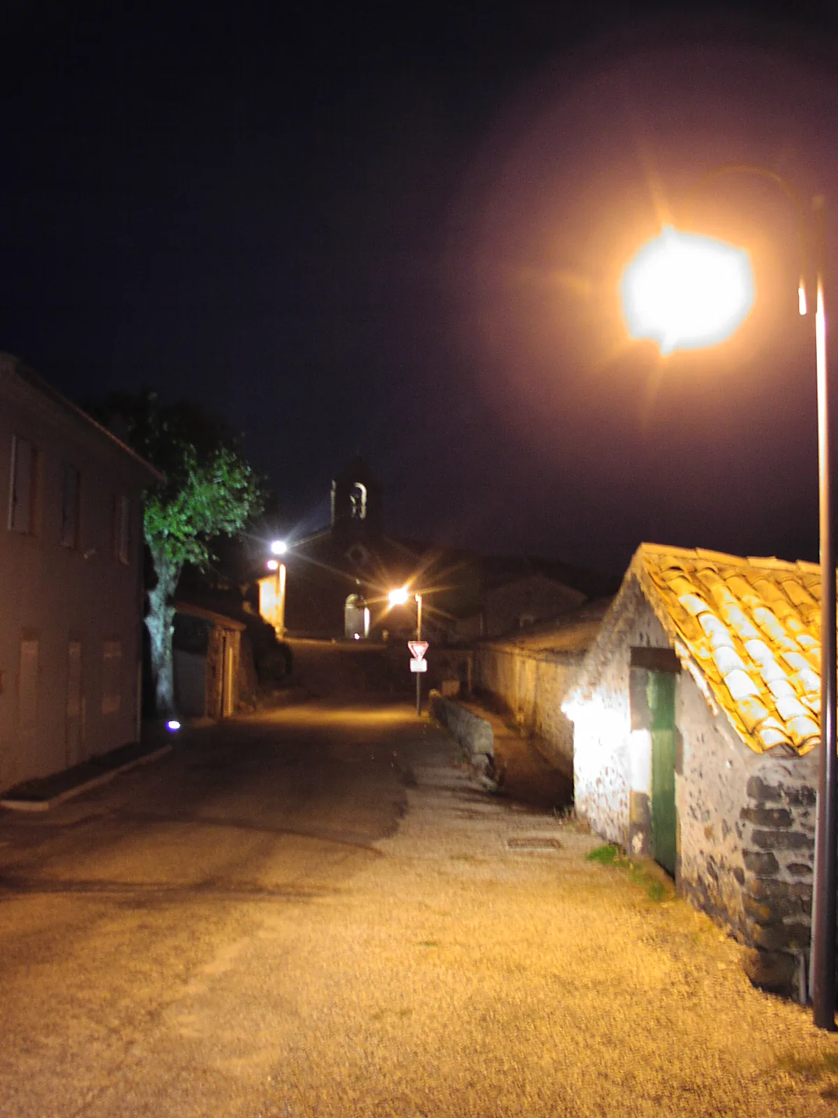 Photo showing: Freyssenet, le village de nuit depuis la route en venant du col de l'Escrinet avec l'église au fond.