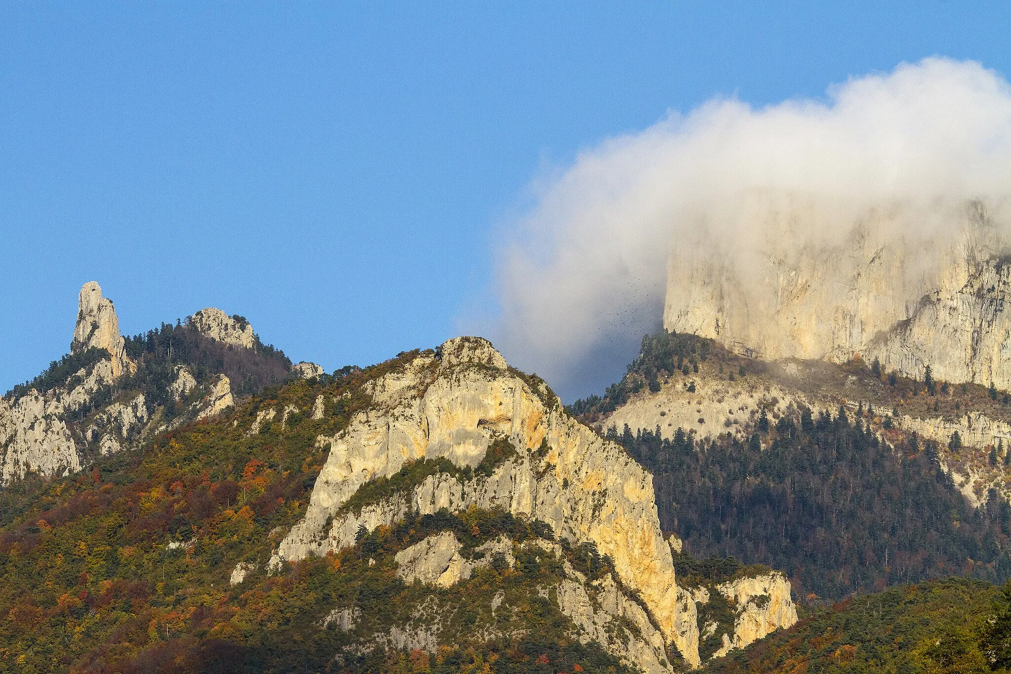 Photo showing: The "Dent de DIE", a flight of "Alpine Chough" in the cap of cloud on the cliffs of Glandasse and the tray of Vercors.