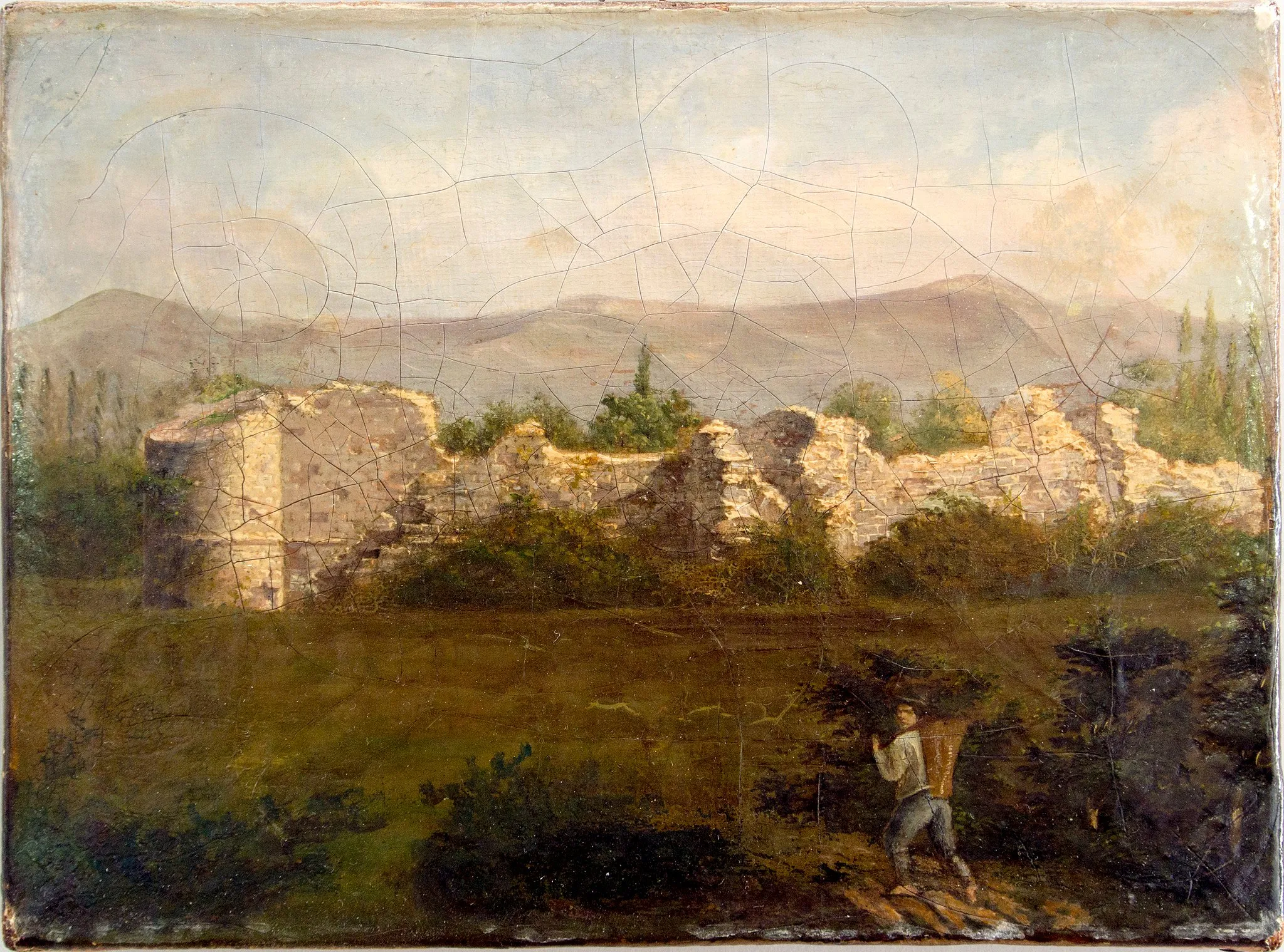 Photo showing: Oil painting of the ruins of Rouelbeau Castle in Meinier in what is now the Swiss Canton of Geneva, by an unknown artist. An inscription on the backside uses the alternative spelling "Roilbot" and feature a number which may be read as the year "1808"
From a private collection.