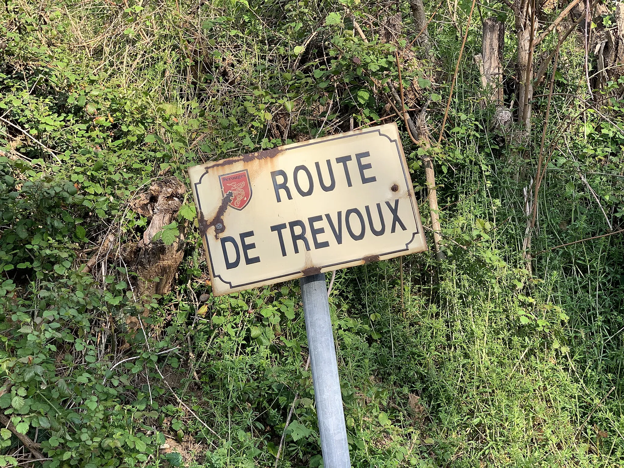 Photo showing: Route de Trévoux (panneau) à Pérouges en avril 2021.