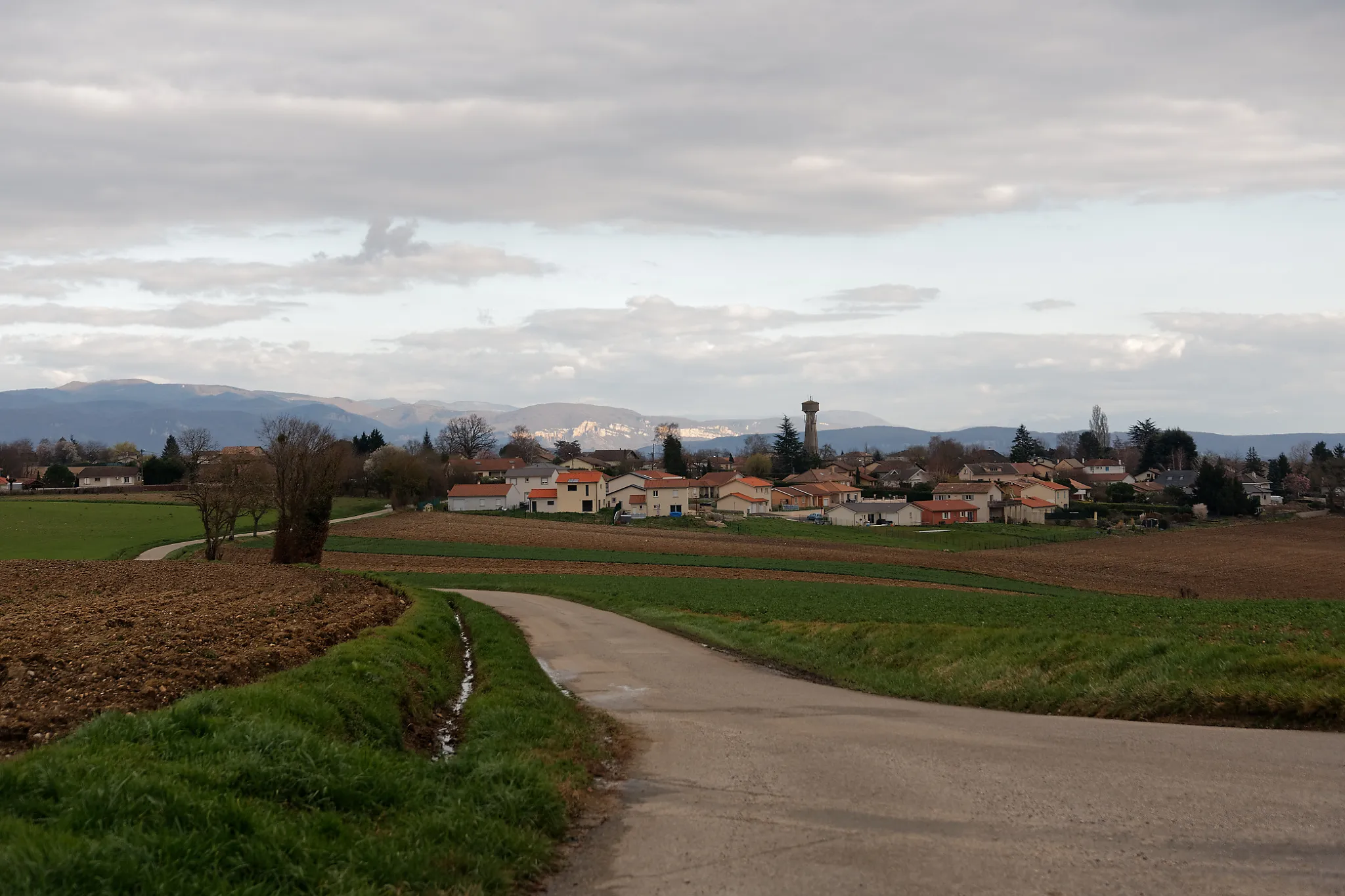 Photo showing: Vue du village de Loyes (Ain, France) depuis le nord, sur la route de Monthoz. À l'arrière-plan, massif du Bugey.