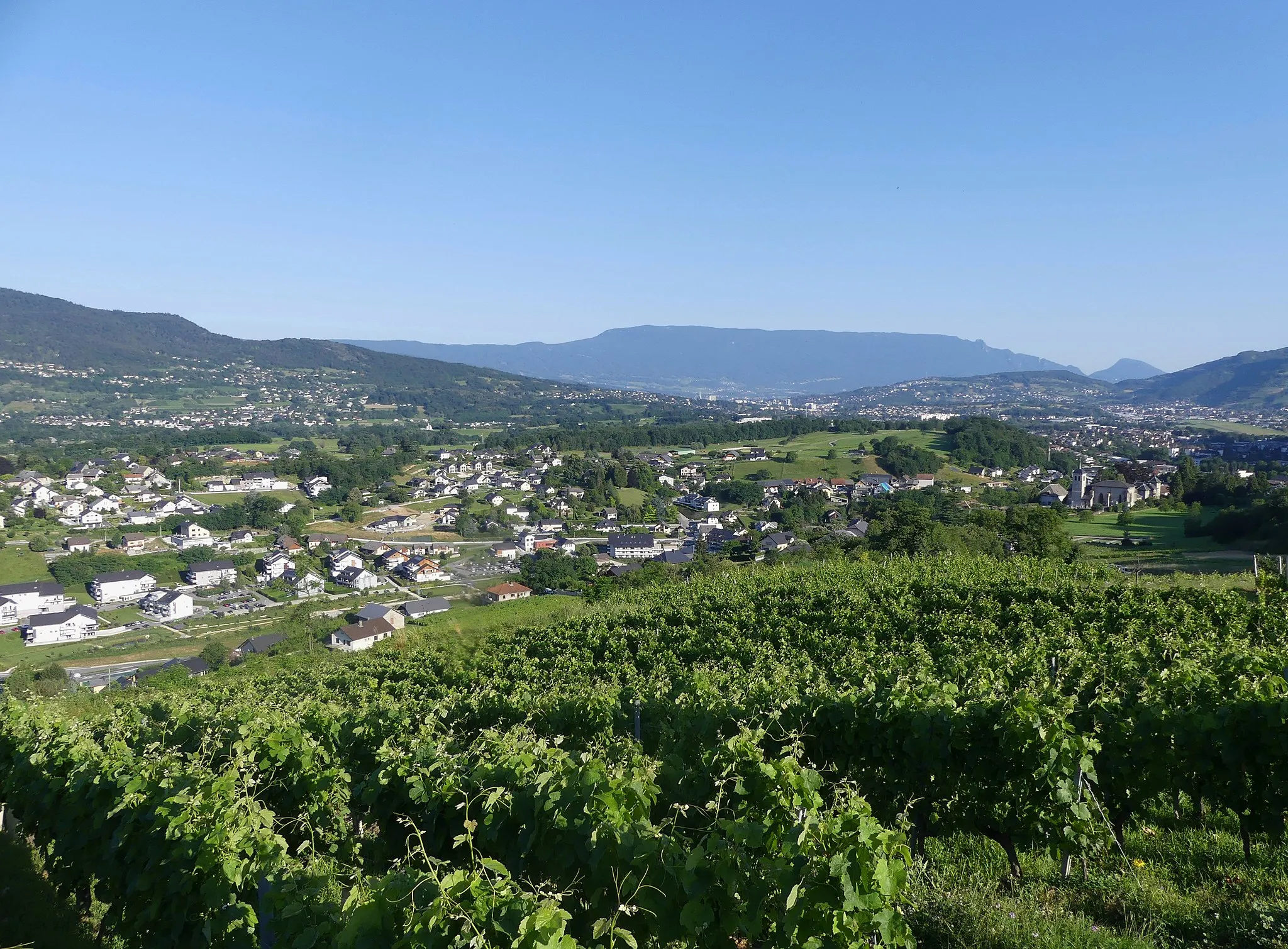 Photo showing: General view, in the early morning from the heights of Chignin vineyards, of Saint-Jeoire-Prieuré at the South of Chambéry, Savoie, France.