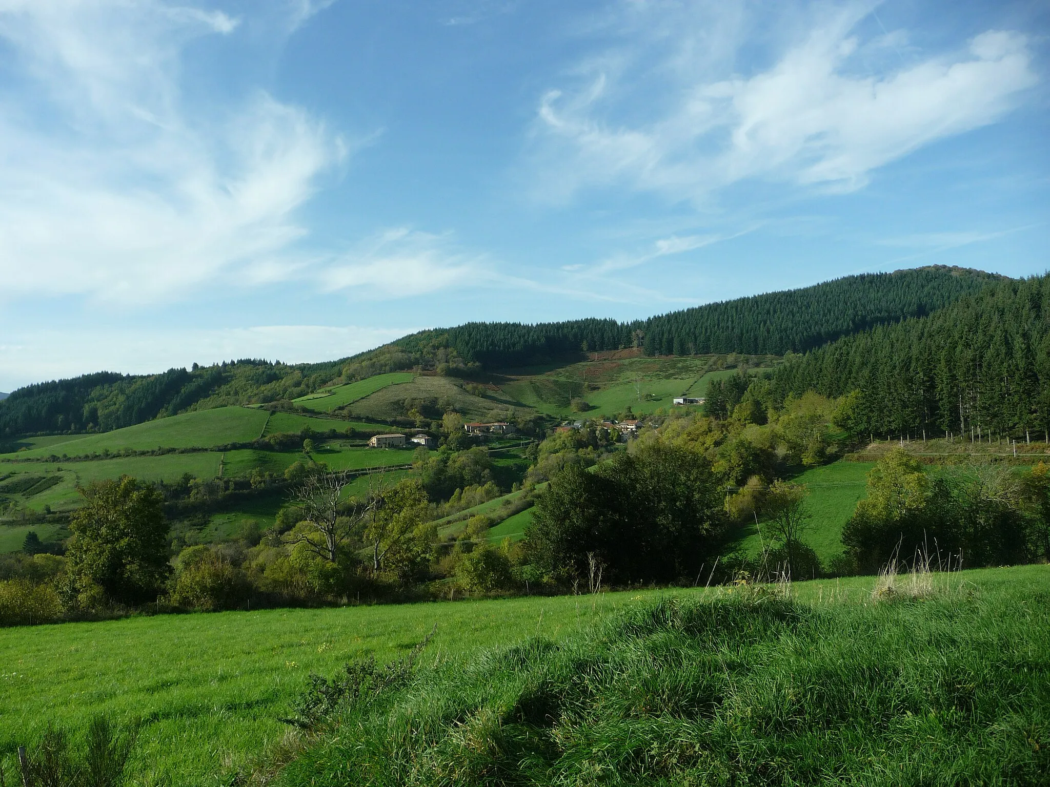 Photo showing: Photo prise à une centaine de mètres du col de la Croix Marchampt. Vue au centre sur le hameau de La Grandouze (657m) et sur le mont Soubran (894m) plus haut à droite.