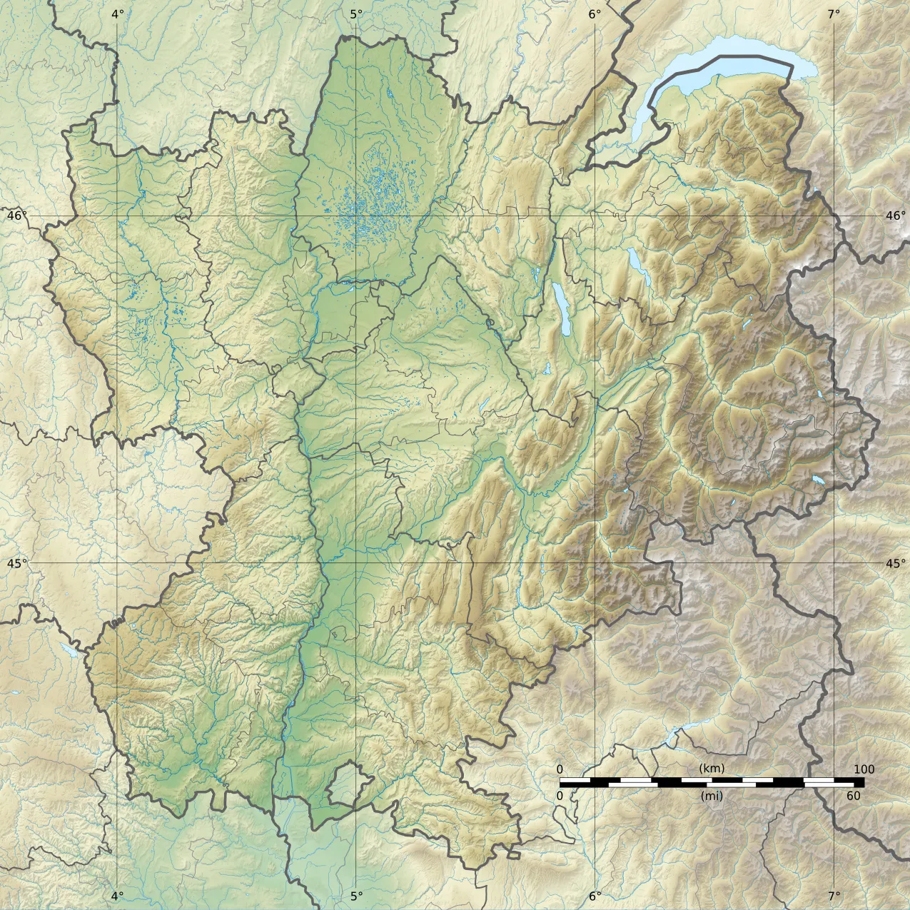 Photo showing: Blank physical map of the region of Rhône-Alpes, France, for geo-location purpose, with distinct boundaries for regions, departments and arrondissements.