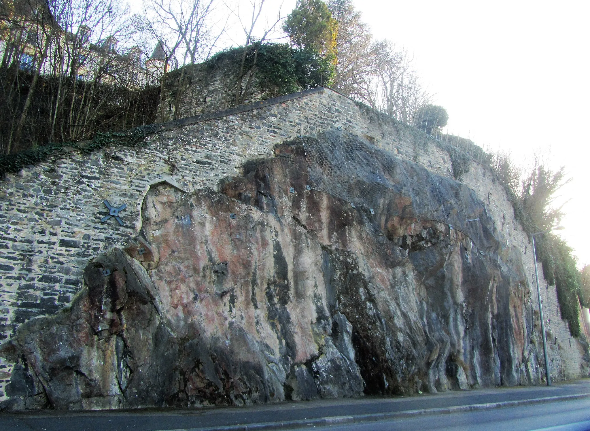 Photo showing: Cette falaise a été taillée dans le gneiss en rive gauche de la Saône à hauteur de l'île Barbe