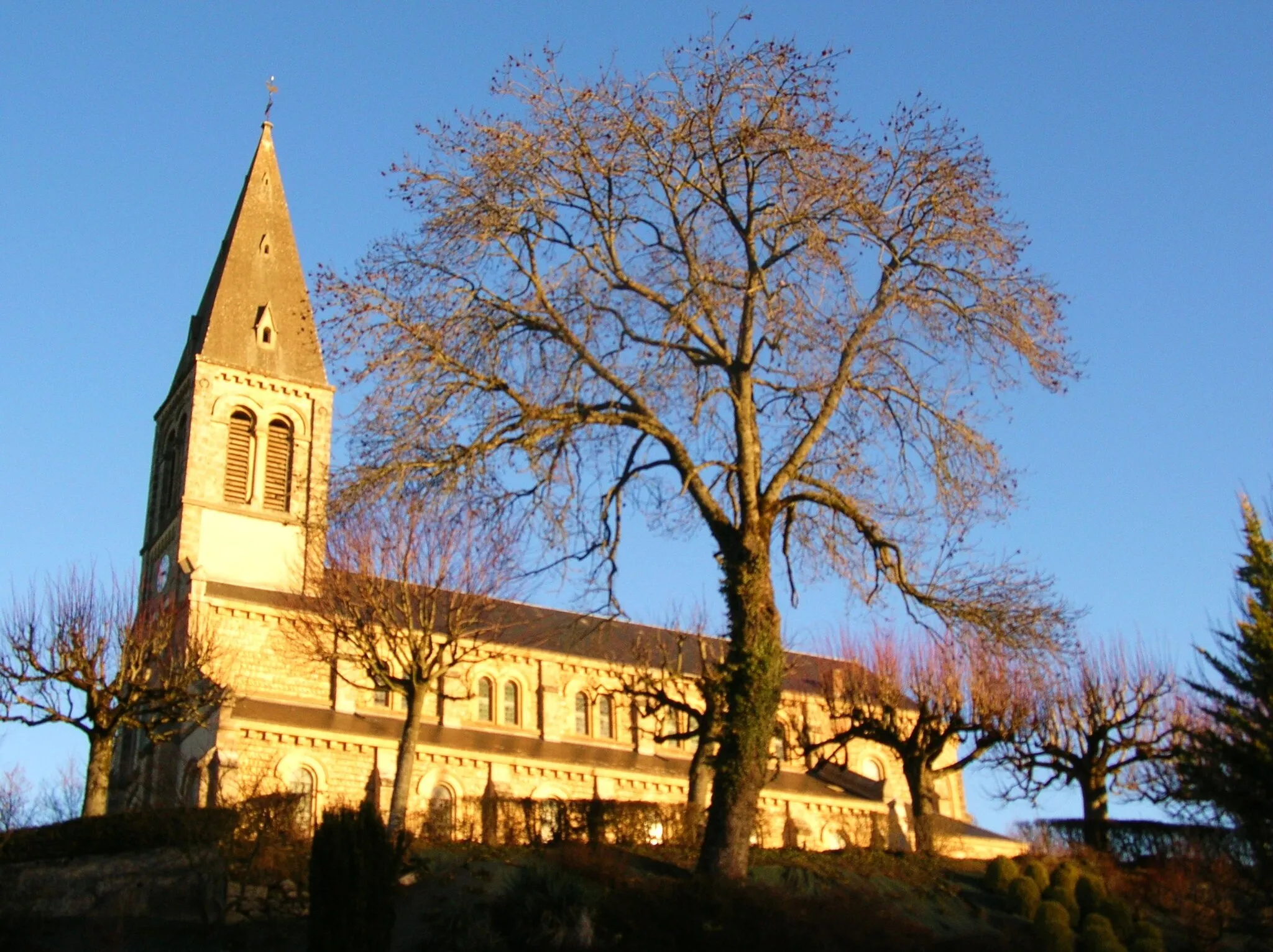 Photo showing: Vaste église construite sur le lieu d'un ancien prieuré. Elle domine tout le Bourg, notamment la mairie et l'école.